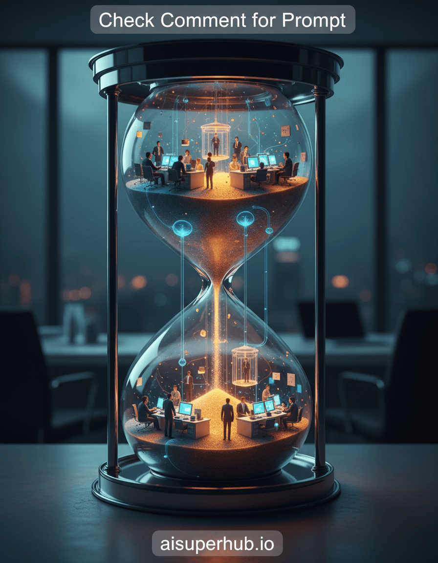 Create a hyper-realistic digital painting depicting a bustling office environment contained within a colossal, glowing hourglass for the Work life shots. Inside, tiny, illuminated figures of business professionals navigate miniature desks and computers. Their movements are synchronized with the slow, inevitable flow of iridescent sand, which represents time and tasks, constantly shifting their work landscape.Details to include: Tiny glowing screens reflecting on workers' faces, microscopic coffee cups and staplers, intricate micro-level network cables, transparent, ethereal elevator shafts, and a single, golden grain of sand symbolizing a critical deadline. At the top of the image, incorporate 'Check Comment for Prompt' as overlay text. At the bottom, add 'aisuperhub.io' as credits.The colossal hourglass rests on a minimalist, polished concrete desk within a sleek, dimly lit modern executive office. The background is subtly blurred, focusing solely on the intricate world inside. Faint reflections of city lights from a high-rise window hint at the external world.Ethereal, soft, internal glow emanates from the hourglass, casting dynamic light within its miniature world, sharply contrasting with the deep, dramatic shadows of the surrounding office. The internal light feels urgent and vital; the external, calm and observant. This creates a sense of contained chaos versus external serenity.A palette dominated by deep blues, teals, and cool greys for the external office, with vibrant, glowing golds, fiery oranges, and electric blues for the hourglass's internal scenes. Accents of stark white and polished chrome.A sense of awe, busyness, and the relentless march of time, viewed with a detached yet fascinated perspective.Macro photography of tiny worlds, trompe l'oeil effects, mixed media layering, surreal realism, cinematic, highly detailed, octane render, 8k, ultra-sharp focus, volumetric lighting.
