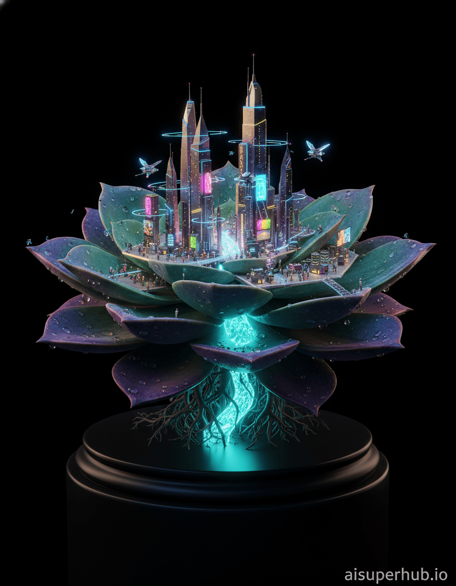 Create a hyper-realistic miniature landscape depicting a bustling futuristic city built entirely within the intricate structures of a colossal, iridescent succulent plant for the Product shots. The city sprawls across the succulent's broad, fleshy leaves, with glowing pathways winding between towering crystalline buildings that mimic the plant's natural geometry. Tiny, luminous hovercrafts navigate sky-lanes carved into the succulent's dewy surface, while microscopic figures move about their daily lives on terraces and bridges. Details to include: Tiny holographic advertisements flickering on leaf edges, water droplets on the succulent acting as magnifying lenses for hidden details, intricate root systems beneath the city glowing with bio-luminescent energy, a miniature, crystal-clear river flowing down a central vein of the plant, and small, delicate maintenance drones tending to both the plant and the city structures. The succulent itself is presented as if on a minimalist, obsidian pedestal in a pristine, softly lit gallery space. The background is a velvety, infinite black, emphasizing the glowing spectacle of the plant-city. Reflections of the city's lights subtly shimmer on the polished surface of the pedestal, hinting at the vastness of the miniature world. The primary light source is a soft, ethereal glow emanating from within the city itself, casting a warm, inviting luminescence that highlights the plant's natural textures and the city's intricate details. A subtle, cool sidelight catches the dew on the succulent leaves, creating a sense of preciousness and delicate wonder. Dominant colors are vibrant emeralds, deep teals, and amethyst purples from the succulent, contrasted with the glowing neon accents of the city in electric blues, fuchsia, and goldenrod yellows, with touches of silver and chrome for the city architecture. The atmosphere is one of breathtaking, magical miniature grandiosity, inspiring awe and meticulous curiosity. Hyper-realistic, macro photography, fantastical realism, sci-fi art, intricate detail, studio product shot, high fidelity, visionary art, trompe l'oeil, with overlay text at the bottom 'aisuperhub.io'.
