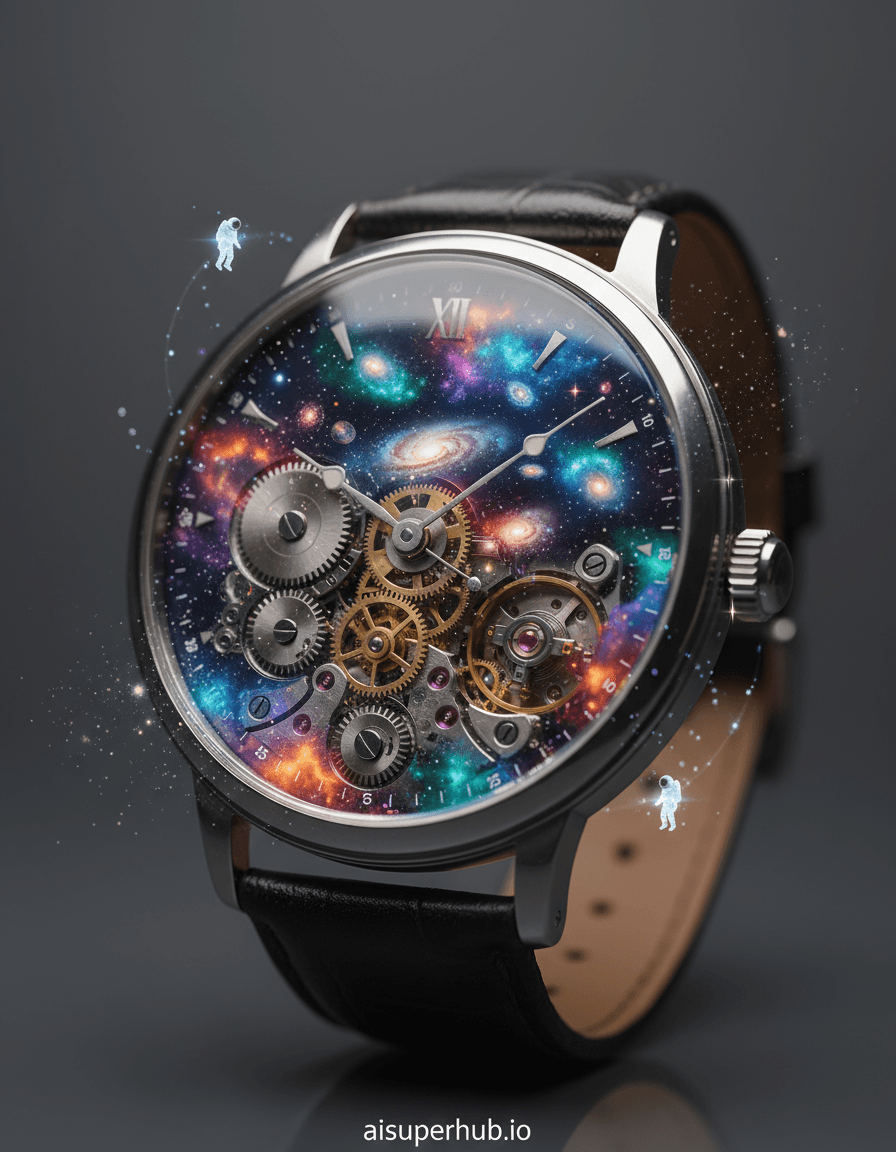 Create a hyper-realistic macro photograph depicting a wristwatch transforming into a cosmic portal for the Accessories shots. The scene focuses on a vintage mechanical wristwatch, its intricate gears and springs slowly dissolving and reforming into swirling nebulae and distant galaxies. The watch face, once displaying time, now acts as a window into a vast, miniature universe, with tiny star clusters beginning to coalesce around the hands. Details to include: Microscopic, glowing dust clouds forming within the watch's movement; Miniature celestial bodies orbiting the watch hands; Faint, shimmering trails of starlight emanating from the watch's casing; Tiny, ethereal astronaut figures floating gently near the watch face; Overlay text at the bottom 'aisuperhub.io'. The backdrop is an ultra-clean, minimalist studio setting, suggesting a stark contrast to the cosmic spectacle unfolding within the watch. A dark, out-of-focus surface provides a subtle reflection of the watch, enhancing its prominence, while avoiding any distractions from the central, impossible transformation. Dramatic, ethereal backlighting emanates from the watch face itself, casting a soft, otherworldly glow on its metallic components. This light is infused with wonder and mystery, illuminating the transition from mundane object to cosmic gateway, creating a sense of awe and discovery. Deep purples, electric blues, swirling emerald greens, and fiery oranges for the cosmic elements, contrasted with the polished silver, brass, and dark leather tones of the wristwatch. A profound sense of surreal wonder and infinite possibility pervades the image. Macro photography, cosmic realism, detailed intricate, surrealism, ethereal, high-definition, award-winning, impossible.