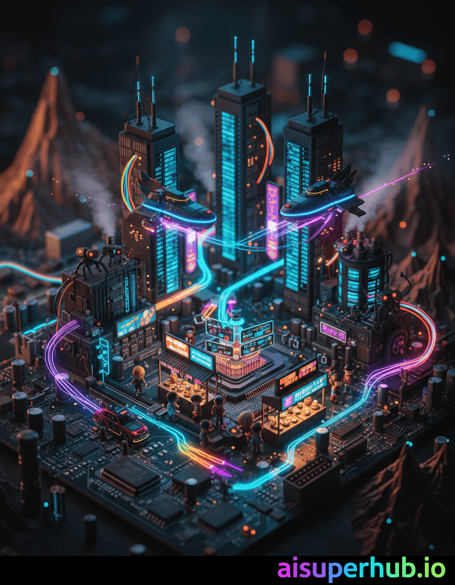 Create a hyper-realistic ornate diorama depicting a bustling cyberpunk metropolis built entirely within the intricate circuits and cooling fins of a vintage computer motherboard for the 3D chibi-style miniature design of a whimsical micro-city. Tiny, glowing neon airships navigate through canyons formed by towering RAM sticks, while miniature data streams flow like rivers across the copper traces. In the foreground, a bustling night market thrives on a CPU socket, its stalls illuminated by flickering LED signs, surrounded by tiny, diverse chibi-style inhabitants going about their futuristic lives. Details to include: microscopic flying cars with bioluminescent trails, tiny maintenance robots scaling resistor skyscrapers, shimmering holographic projections advertising fictional tech products, steam rising from miniature power generators built on capacitors, and a vibrant, detailed overlay text at the bottom 'aisuperhub.io'. The vast expanse of the motherboard stretches into the background, its green and black textures forming a stark contrast to the vibrant city. Distant LED indicators blink like distant stars, and the subtle texture of solder joints creates a rugged, mountainous terrain. Fiber optic cables weave through the scene like illuminated pathways, connecting different districts of the sprawling tech-city, giving a sense of depth and infinite possibilities within this confined world. The scene is bathed in a dramatic, high-contrast chiaroscuro lighting, with deep shadows emphasizing the miniature scale and neon glow creating an energetic, mysterious atmosphere. The predominant light source comes from the artificial city lights, casting intricate patterns and reflections, evoking a sense of wonder and bustling nocturnal activity. A vibrant cyberpunk color palette dominates, featuring electric blues, radiant purples, hot pinks, lime greens, and fiery oranges, contrasting with the muted metallic and dark green tones of the motherboard itself. The mood is one of dynamic, awe-inspiring micro-urbanism, blending futuristic energy with a charming, intricate sense of discovery. Highly detailed digital art, volumetric lighting, unreal engine 5, octane render, macro photography, tilt-shift effect, miniaturefication, steampunk-cyberpunk fusion, whimsical fantasy, collectible aesthetic.