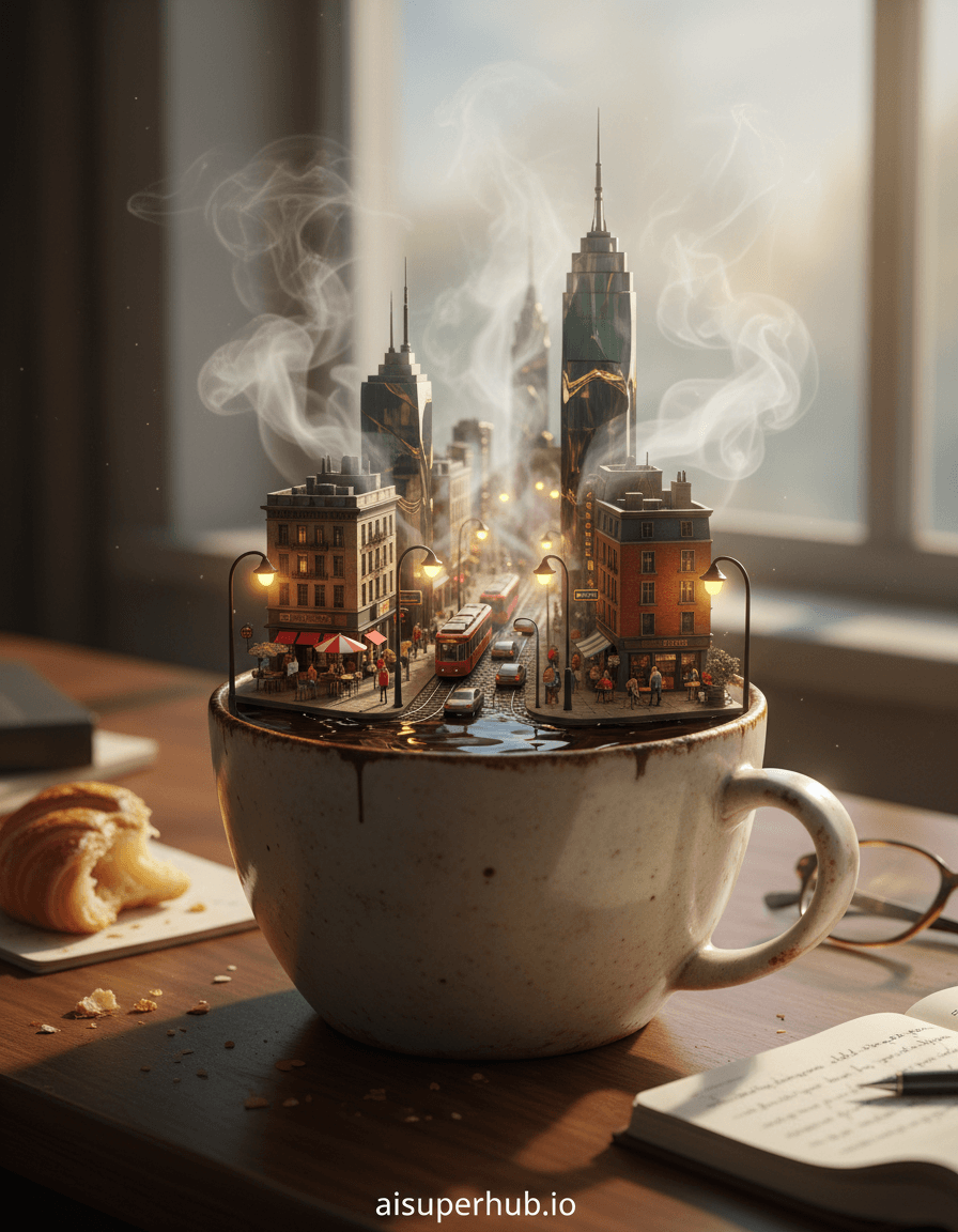 Create a hyper-realistic digital painting depicting a bustling miniature city street inside a steaming coffee mug for the Daily life moments. A tiny, vibrant street scene unfolds within the dark, steaming liquid of a coffee mug. Miniature cars and pedestrians navigate detailed roads, with warm streetlights lining the rim. Rising steam acts as ethereal mist, swirling around tiny buildings, lending a surreal quality to the urban landscape. Details to include: tiny, glowing streetlights from coffee stirrers; microscopic barista serving espresso at a miniature outdoor cafe; skyscraper reflections shimmering in the coffee; a tiny tram winding through the city; steam trails forming cloud-like formations above the city. A rustic, slightly chipped ceramic mug rests on a polished wooden desk. Scattered nearby are morning essentials: a half-eaten croissant, reading glasses, an open notebook. The softly blurred background emphasizes the intricate world within, hinting at a quiet morning. Warm, diffused morning light from an unseen window creates soft highlights on the ceramic and subtle shadows within the miniature city. Warm tiny streetlights illuminate the mug's interior, imbuing the scene with an intimate, magical quality, evoking wonder and peaceful activity. Color palette specification: Rich earth tones for mug and desk (espresso brown, cream, warm wood). Vibrant city pops of color (deep reds, yellows, greens) against dark coffee base. Soft, ethereal whites/grays for steam. Mood/atmosphere: Whimsical, cozy, and awe-inspiring. Style summary: Photorealistic macro photography, hyper-detailed, surrealism, digital art, trompe l'oeil, high resolution, volumetric lighting. Add overlay text at the bottom: 'aisuperhub.io'