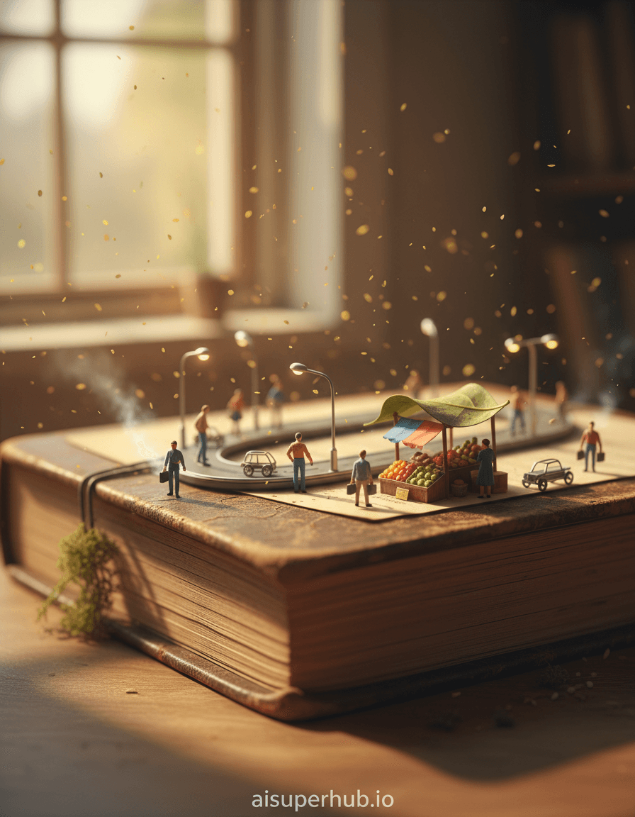 Create a hyper-realistic macro photograph depicting a miniature bustling morning commute on a worn-out book for the Daily life moments. Tiny, industrious figures traverse the aged spine and pages of an old, leather-bound book. Creases and dog-eared corners transform into winding city streets, capturing the energetic pulse of an everyday rush in a fantastical micro-metropolis. Details to include: Miniature vendors with stalls on a page's edge. Tiny commuters, briefcases in hand, on the book's spine. Microscopic streetlights from flickering dust motes. Whimsical tiny vehicles (modified paperclips) leaving faint exhaust trails. The book rests on a warm, sunlit wooden desk in a cozy study. A softly blurred background of dancing dust motes contrasts the room's calm with the intense activity on the book. Warm, golden hour glow from early morning sunlight casts dramatic shadows across the book's textured surface. This evokes nostalgic comfort and a gentle, bustling energy. Muted sepia from aged paper, warm browns from leather, subtle greens from miniature moss. Soft golds from morning light, accented by vibrant figures and market stalls. A whimsical yet grounded sense of miniature epic, evoking wonder and quiet appreciation for hidden worlds. Hyper-realistic macro photography, miniature set design, trompe l'oeil, magical realism, highly detailed, filmic quality, shallow depth of field, tilt-shift effect, bokeh, editorial photo, overlay text 'aisuperhub.io' at the bottom.