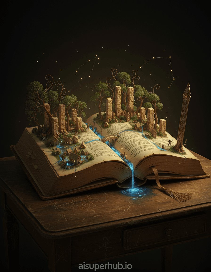 Create a hyper-realistic diorama depicting an ancient, sprawling tome opening into a living, fantastical ecosystem for the highly detailed, hand-drawn, technical-style illustration. The central action shows a gigantic, leather-bound book, its covers splayed wide, revealing its yellowed pages not as text but as rolling hills and valleys. Miniature trees sprout from the spine, and rivers of shimmering ink flow along the page creases, leading to tiny, glowing villages built into the margins. Details to include: Intricate miniature bridges spanning between paragraphs, microscopic glowing fireflies illuminating delicate hand-drawn constellations on the page surface, tiny adventurers scaling the mountainous text blocks, and a delicate bookmark acting as a towering obelisk. The book rests on an antique wooden table, its surface scratched and worn, suggesting centuries of existence. Dust motes dance in the air around it, catching the light, while faint, almost invisible script can be discerned on the table's polished surface, hinting at forgotten knowledge. The background beyond the table is a deep, velvety darkness, making the book the sole focus of a magnificent, impossible world. The scene is bathed in a warm, ethereal glow emanating subtly from within the 'pagescape', casting long, dramatic shadows and highlighting the intricate textures. This gentle, magical light evokes a sense of wonder and timeless mystery, inviting the viewer to explore. A rich palette dominated by sepia tones, deep forest greens, shimmering blues for the 'ink rivers', and hints of golden yellow and soft amber for the internal light, contrasted with the dark, polished mahogany of the table. A profound sense of enchantment and discovery, a quiet majesty revealing a secret world. Photorealistic, intricate, fantastical realism, mixed media, high detail, concept art, cinematic, magical realism, trompe l'oeil, with an overlay text at the bottom 'aisuperhub.io'.