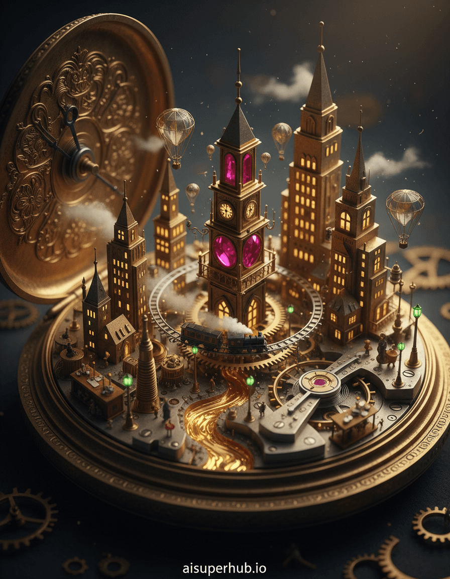 Create a hyper-realistic macro photograph depicting a bustling, miniature steampunk city intricately built within the complex mechanisms of an antique pocket watch for the Macro art. Microscopic skyscrapers rise from polished brass gears, while tiny figures, mere specks, navigate streets formed by coiled springs and jewel bearings. A miniature train, its steam a faint wisp, chugs across the sweeping minute hand, connecting districts. Details to include: A grand clock tower fashioned from a ruby jewel bearing, tiny hot air balloons crafted from watch crystal fragments drifting between the balance wheel and mainspring, a river of liquid gold (from the watch's brass components) flowing through the city, miniature street lamps glowing with phosphorescent dust along the mainspring roads, and a tiny artisan district carved into the watch's engraved backplate. The open case of the pocket watch forms the sprawling, metallic landscape, its polished brass and steel components, along with the exquisitely engraved patterns on the watch's interior, creating natural pathways and structures for this minuscule metropolis. Dust motes float like colossal clouds in the vastness surrounding this hidden world. Dramatic chiaroscuro lighting, with warm, golden light spilling from unseen miniature streetlights and windows, contrasts sharply with deep shadows cast by the colossal gears and mainsprings, evoking a sense of wonder and intricate mystery. The color palette is predominantly metallic golds, brass, silver, and copper, with vibrant accents of ruby red, sapphire blue, and a subtle glow of phosphorescent green. The mood is one of intricate wonder, bustling activity, and hidden magic. This should be rendered in a hyperrealistic style, blending miniature photography with a steampunk aesthetic, intricate detail, trompe l'oeil effects, mixed media, fantastical realism, and volumetric lighting, with overlay text 'aisuperhub.io' at the bottom.