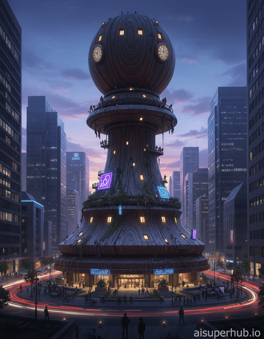 Create a hyper-realistic digital painting depicting a giant, ancient, intricately carved wooden chess pawn transformed into a towering city skyscraper for the Street style. This monumental pawn-scraper dominates the urban skyline, its weathered wooden surface now the facade of a bustling metropolis. Tiny, illuminated windows dot its carved contours, and miniature balconies cling to its rounded cap, revealing the lives within this surreal architectural marvel. Details to include: Intricate, aged wood grain patterns visible across the entire structure; Small, glowing neon signs attached to the building's 'collar' section; A faint moss or lichen growth clinging to some of the deeper carvings; Tiny, antique-style clock faces embedded into the building's 'head'; A detailed 'base' of the pawn seamlessly integrating with a modern street-level plaza. The colossal chess pawn stands amidst a sprawling, modern city at dusk. Surrounding it are other contemporary glass and steel buildings, dwarfed by its archaic grandeur. Busy streets below are filled with the glowing trails of car lights and the silhouettes of pedestrians, all bustling around the base of this unbelievable structure. The sky behind it is a canvas of deep twilight blues and purples, hinting at the last vestiges of sunset on the horizon. Dramatic, low-angle urban lighting, emphasizing the pawn's immense scale and intricate textures. Warm, golden internal lights spill from the windows, creating a welcoming contrast against the cool, ambient city glow. The overall effect should evoke wonder and a sense of timelessness, a quiet awe at the juxtaposition of old and new. Rich mahogany browns, deep charcoal greys, electric blues, neon purples, and warm amber streetlights, with touches of emerald green moss. A breathtaking blend of ancient majesty and vibrant modernity, inspiring curiosity and reverence. Hyper-realistic, photo-manipulation, matte painting, urban fantasy, detailed textures, cinematic composition, surreal architecture. Add an overlay text at the bottom: 'aisuperhub.io'