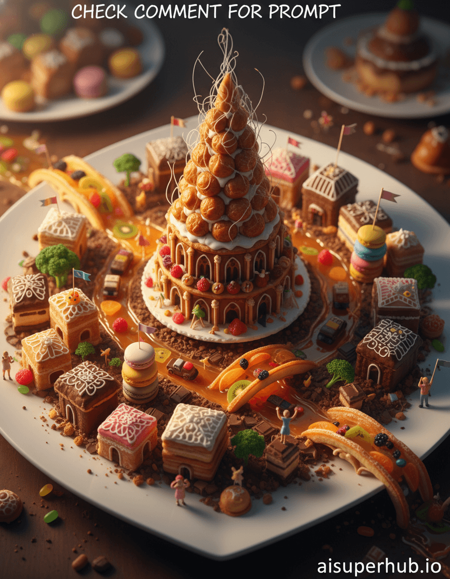 Create a hyper-realistic macro photograph depicting a sprawling, edible city for the Food photography. A bustling metropolis, intricately crafted from gourmet pastries, chocolates, and candies, viewed from an elevated perspective. Tiny marzipan figures interact with sweet architecture; glistening caramel rivers serve as thoroughfares, spanned by delicate candied fruit bridges. Details to include: Towering croquembouche cathedral with spun sugar spires. Miniature chocolate/cookie "vehicles" on caramel rivers. Rooftops: piped royal icing patterns and macaron shells. Broccoli floret "trees" for verdant contrast. Overlay text 'Check Comment for Prompt' at top, 'aisuperhub.io' credit at bottom. The edible city rests on a pristine white ceramic platter, suggesting grand presentation. Edges fade into soft, out-of-focus bokeh, implying immense scale. Scattered pastry crumbs around the base add realism. Soft, ethereal golden hour lighting casts dramatic shadows, emphasizing textures. Warm, inviting light evokes wonder and childlike delight, making glistening caramel and sugary details sparkle. Rich, vibrant; dominated by warm chocolate browns, golden caramels, pastel macarons, brilliant candied fruits. Stark white royal icing accents provide crisp contrast. Whimsical, fantastical, and utterly delightful, inviting viewers to marvel at an edible dreamscape. Macro photography, trompe l'oeil, hyper-realism, fine art food photography, dreamlike, intricate detail, studio lighting, bokeh background, culinary art.