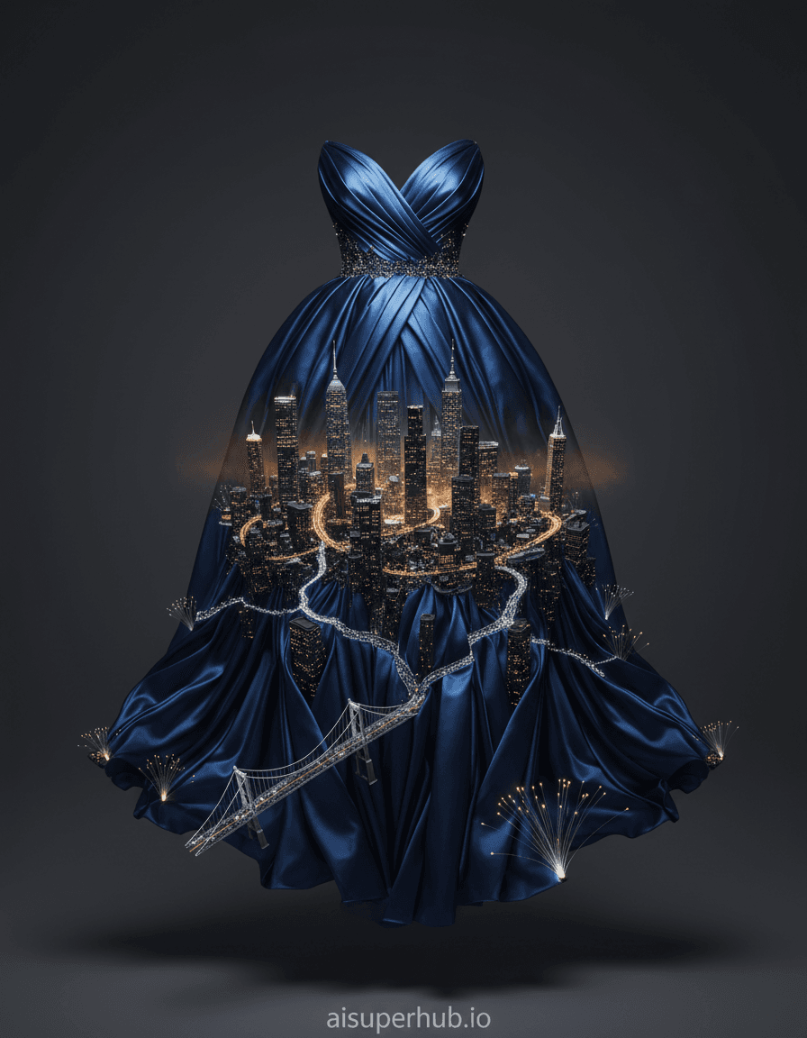 Create a hyper-realistic fashion photograph depicting a bustling cityscape emerging from the opulent folds of a flowing midnight-blue silk gown for the Outfit photoshoot. The luxurious silk fabric unfurls dramatically, its deep pleats meticulously sculpted to form the architectural foundations of a vibrant metropolis. Illuminated skyscrapers rise from the fabric's creases, while delicate threads form intricate roadways and sparkling rivers, presenting an impossible fusion of couture and urban sprawl. Details to include: tiny glowing car headlights on fabric-roads, fiber-optic streetlights lining the hemline, a miniature suspension bridge arching over a silky ravine, a faint hazy glow mimicking urban light pollution, and an elegant overlay text 'aisuperhub.io' at the bottom center. The gown floats centrally against a minimalist, expansive void of deep charcoal grey, allowing the intricate dress-city to command full attention. Subtle ambient studio light catches the fabric's sheen. Dramatic, high-contrast studio lighting emphasizes three-dimensional depth. Ethereal rim lighting highlights gown curves, while precise spot lighting illuminates miniature urban details, evoking wonder. The color palette features rich midnight blues, deep indigos, and charcoal greys, sharply contrasted with warm, glowing accents of golden yellows, amber, and soft whites for city lights, with hints of silver. A breathtaking fusion of impossible grandeur and delicate artistry, evoking a sense of dreamy, futuristic elegance. Hyperrealism, cinematic, haute couture, surreal fashion photography, miniature world, trompe l'oeil, architectural photography, dreamlike, elegant, sharp focus, high definition.