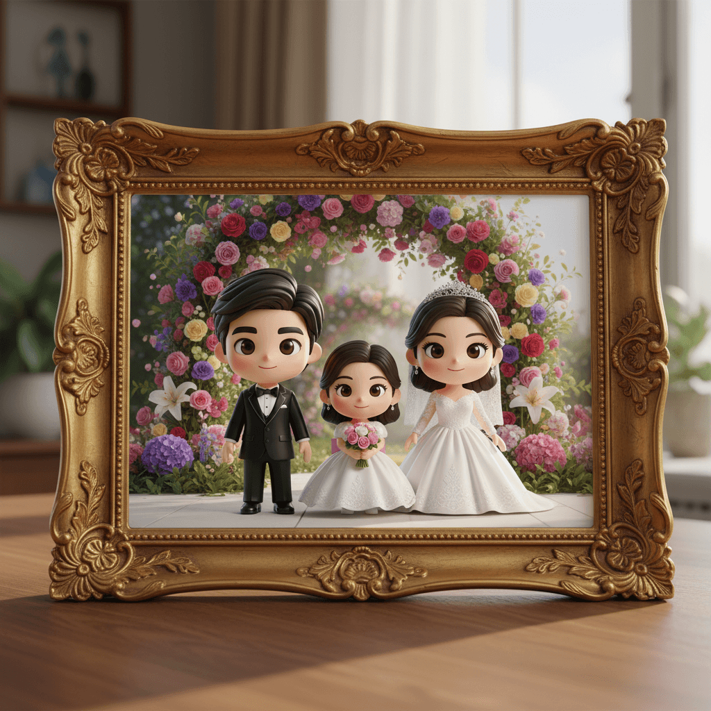 Transform the people in the photo into chibi-style 3D characters. The parents are dressed in Western wedding attire — the father in a formal suit, the mother in a wedding gown. The child is a beautiful flower girl holding a bouquet.
The background features a colorful floral arch.
The characters are in 3D chibi style, while the environment is photorealistic.
The entire scene is placed inside a photo frame.