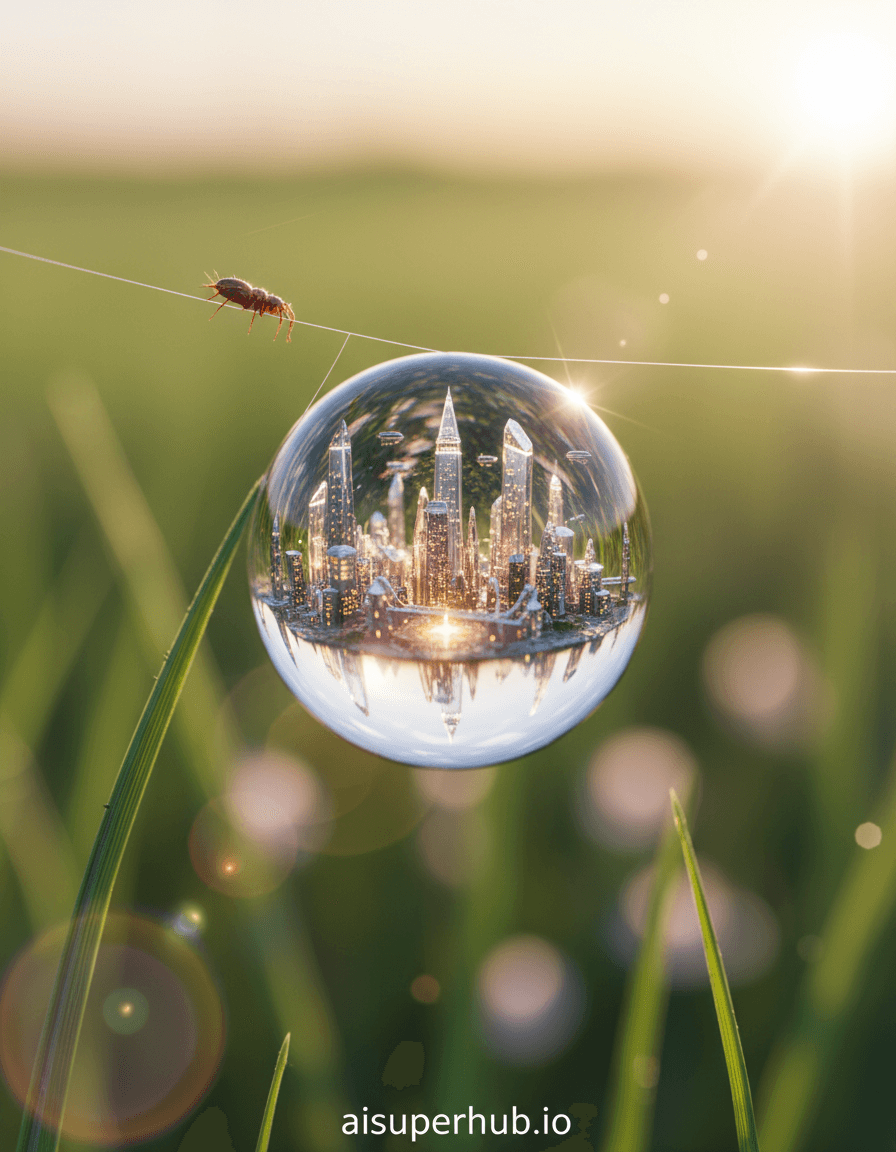 Create a hyper-realistic macro photograph depicting a bustling miniature city nestled within a single, perfectly spherical dewdrop clinging to a delicate spider's silk for the An extreme close-up, hyperrealistic macro photograph. Tiny skyscrapers and intricate bridges, carved from microscopic crystal, glisten within the dewdrop, reflecting the outside world. Miniature airships, no larger than pollen grains, navigate between towering structures, casting infinitesimal shadows. Details to include: Shimmering refractive light distortions through the water sphere, tiny illuminated windows on crystal buildings, a microscopic spider mite traversing a silk strand like a titan, faint ripples on the dewdrop's surface from subtle vibrations, a minuscule, glowing central plaza. The dewdrop hangs precariously from a single, impossibly fine strand of spider silk, stretched taut between two blurred blades of grass in a vibrant meadow. The background is a dreamy, bokeh-rich blur of emerald greens and soft morning pastels, hinting at a vast, verdant world beyond the watery dome. The scene is bathed in the golden, ethereal glow of a rising sun, filtering through the dewdrop with a magical, lens-flare effect, evoking wonder and delicate new beginnings. Iridescent blues and greens within the dewdrop, contrasted with warm amber and soft pastel hues in the background, with glints of silver and gold from the crystal structures. A breathtaking sense of impossible scale, delicate beauty, and serene wonder pervades the image. Ultra-detailed macro photography, magical realism, impossible scale, fantasy art, cinematic, hyper-realistic rendering, dreamlike quality. Add overlay text at the bottom: 'aisuperhub.io'.