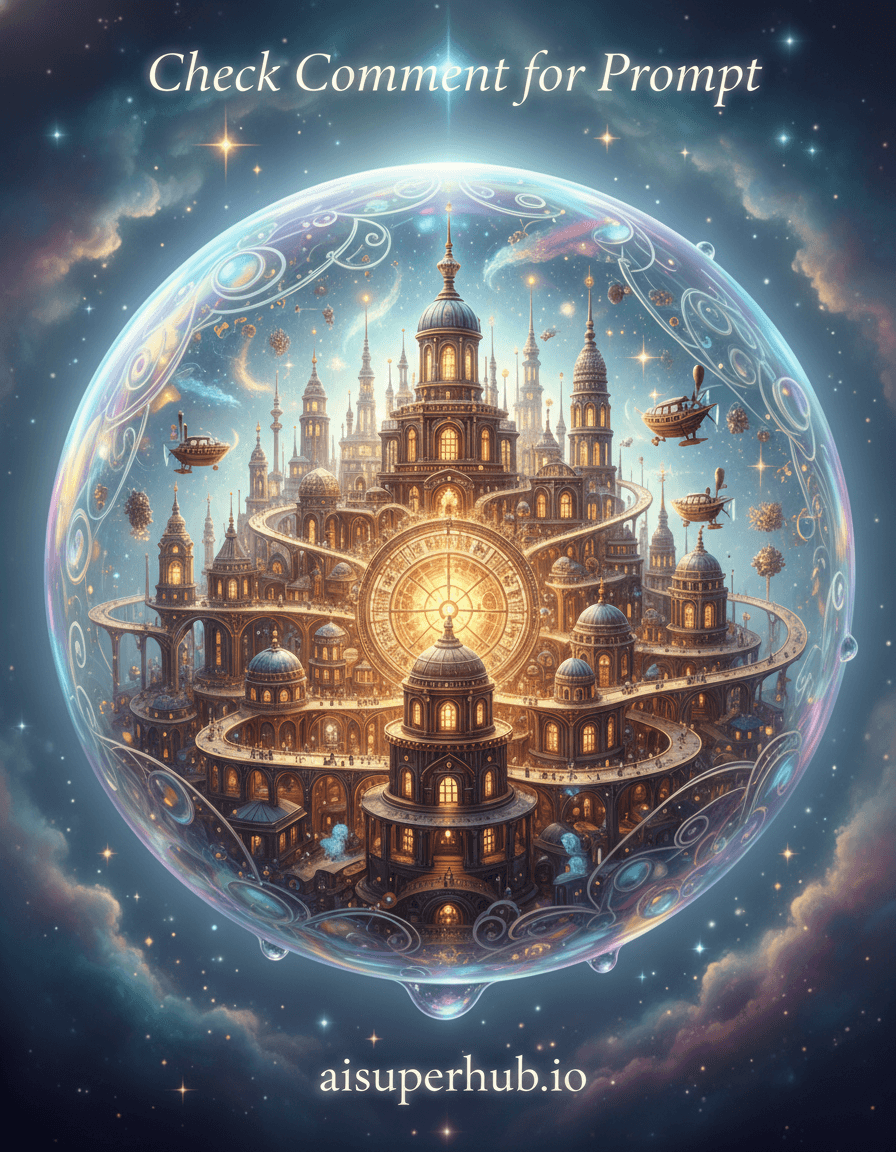 Create a hyper-realistic digital illustration depicting a breathtaking, microscopic clockwork metropolis encapsulated within a shimmering, impossibly large dewdrop, for the Accessories shots. A fully functioning, miniature city with gears, bridges, and glowing windows, meticulously sculpted from crystal and brass, suspended within the spherical liquid. Intricate pathways coil around a central, pulsing power core, hinting at hidden life and boundless energy. Details to include: Tiny steampunk airships in crystalline canals; microscopic figures on golden walkways; intricate filigree patterns etched into the dewdrop; faint rainbow refraction; overlay text 'Check Comment for Prompt' at top; and 'aisuperhub.io' at bottom. The dewdrop floats amidst an ethereal, softly blurred nebula of pastel blues, purples, and faint gold, suggesting a vast cosmic space. Distant, sparkling stars and dust clouds form a sublime backdrop, emphasizing the miniature world's fragile grandeur. Bathed in a soft, internal bioluminescent glow from the city's core, supplemented by gentle, ethereal backlight from the nebula. This creates a mystical, dreamlike ambiance, evoking wonder, intricate beauty, and profound cosmic serenity. Cool sapphire, emerald, amethyst for the nebula, contrasted with warm brass, amber, gold within the clockwork city. Dewdrop exhibits crystal-clear transparency with subtle iridescence. Awe-inspiring, magical, and profoundly intricate, inviting endless contemplation. Hyper-detailed, ethereal fantasy, sci-fi baroque, micro-macroscopism, digital painting, photorealistic rendering, volumetric lighting, Octane Render.