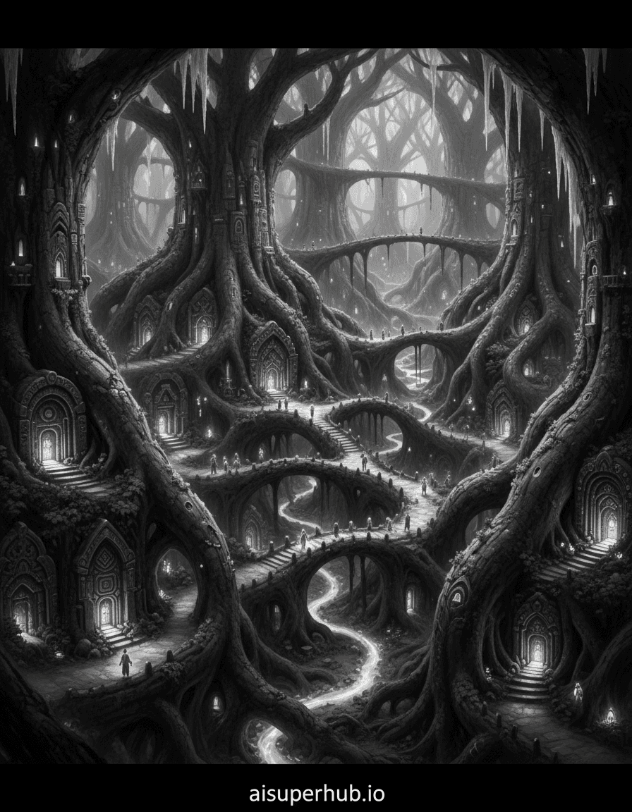 Create a hyper-realistic panoramic photograph depicting a living root city for the Black and white photography. The central action shows intricately carved dwellings and pathways woven directly into the colossal, interconnected roots of an ancient, unseen tree. Tiny, luminescent figures traverse glowing root bridges, moving between organic structures that resemble architectural wonders, all powered by the very lifeblood of the giant root network. Details to include: intricate root-carved doorways, glowing sap-filled channels acting as rivers, miniature root-bridge aqueducts, figures carrying small light sources, aerial roots forming natural skyscrapers. The entire scene is set deep underground, within a vast, cavernous space where the root system dominates every surface. Stalactites of solidified sap hang from the unseen ceiling, mirroring the upward growth of some roots. The background recedes into an endless labyrinth of further root structures, hinting at an even larger, unexplored world beneath the earth. The textures of bark, soil, and polished root-wood are paramount. Dramatic, high-contrast chiaroscuro lighting, with soft, ethereal bioluminescent glows emanating from the root-channels and architectural accents, contrasting sharply with deep, enveloping shadows that create a sense of mystery and immense depth. The lighting evokes a feeling of ancient wonder and serene, hidden life. Predominantly monochrome with a vast spectrum of deep blacks, rich grays, and stark whites, emphasizing texture and form. The bioluminescence will appear as brilliant white glows against the darkness, enhancing the high-contrast effect. Awe-inspiring, ancient, and quietly magical. Masterful black and white photography, chiaroscuro, surreal realism, environmental storytelling, fantastical architecture, cinematic scale, with overlay text at the bottom: 'aisuperhub.io'