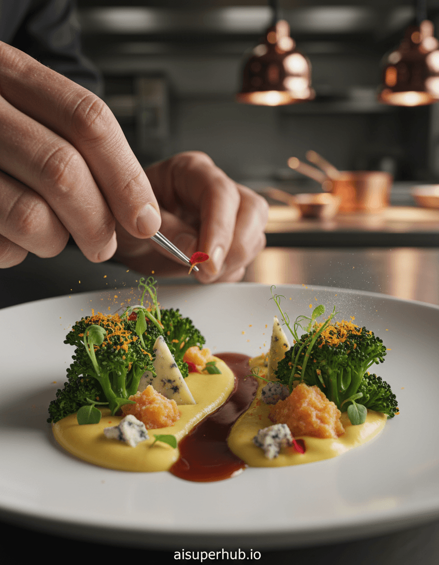 Create a hyper-realistic macro photograph depicting a culinary architect crafting a microscopic edible landscape for the Lifestyle portraits. A renowned chef's calloused yet elegant hands, slightly out of focus, delicately arrange minuscule edible components on a pristine white ceramic plate. The focus is on the intricate, vibrant 'world' being built, where each herb, vegetable shaving, and sauce droplet takes on monumental proportions, forming rivers, forests, and mountains of flavour. Details to include: Tiny 'trees' made of finely minced broccoli florets, a 'river' of glistening balsamic glaze snaking through a puree 'valley,' miniature 'boulders' of artisanal cheese, a delicate 'mist' of citrus zest hovering over a microgreen 'forest,' and the chef's fingertips showing faint flour dust and faint scars. The background is softly blurred, hinting at a bustling, professional kitchen – polished stainless steel surfaces, the gleam of copper pots, and muted reflections of warm task lighting. The overall setting suggests a high-end gastronomic laboratory where art meets science. Soft, directional studio lighting, emphasizing the textures and vibrant colors of the food, creating subtle shadows that give depth to the miniature landscape. The light has a warm, inviting glow, evoking a sense of reverence and meticulous artistry. A rich, earthy palette of deep greens, vibrant reds, golden yellows, and creamy whites, contrasted with the stark white of the plate and metallic gleam of the background. A meditative, awe-inspiring, and slightly surreal atmosphere of creation and precision. Masterpiece, hyperrealism, macro photography, culinary art, trompe l'oeil, fine art photography, shallow depth of field, detailed, cinematic quality, high resolution, with overlay text 'aisuperhub.io' at the bottom.