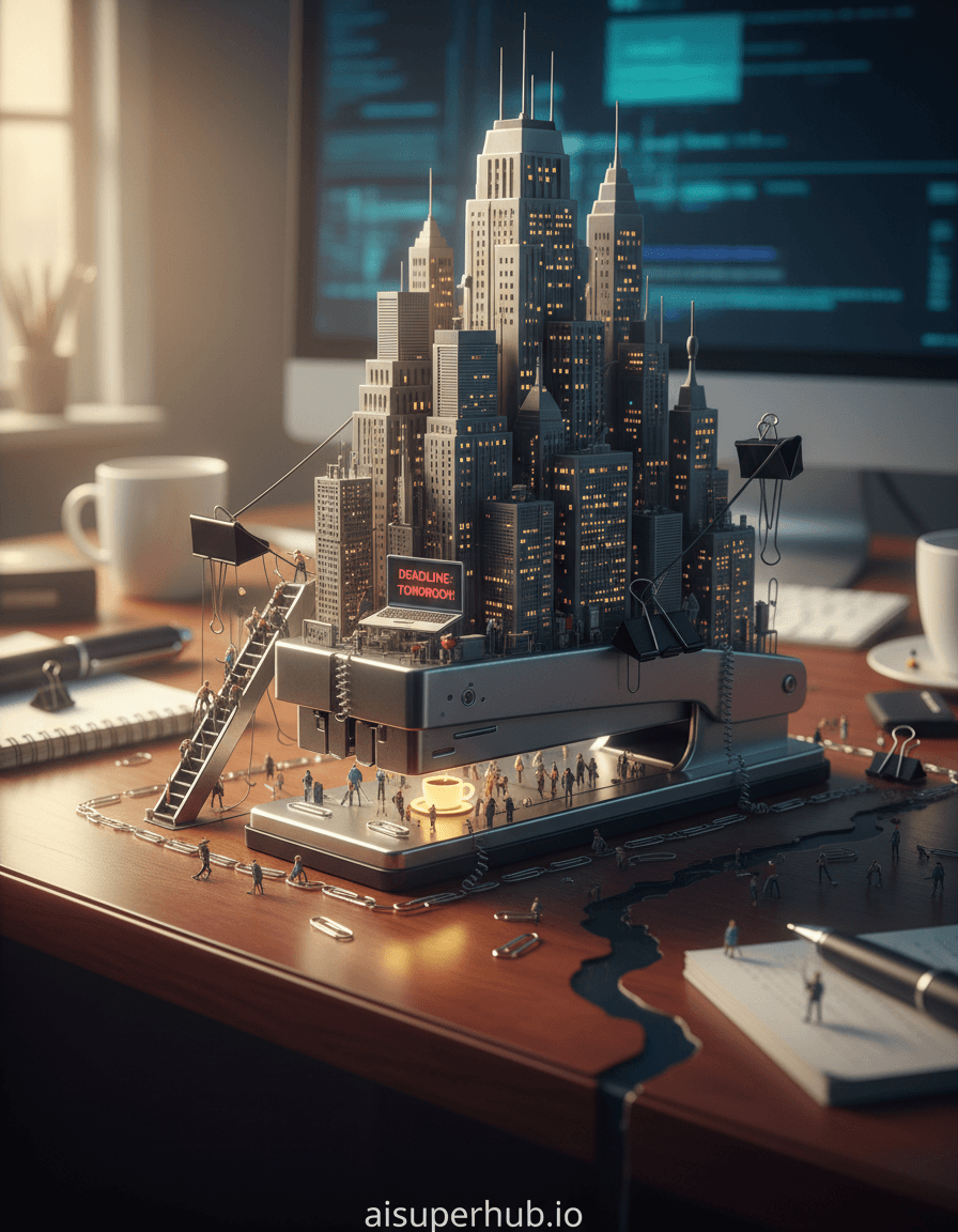Create a hyper-realistic cinematic still depicting a colossal, intricately detailed office stapler transforming into a sprawling, urban-like cityscape at dawn for the Work life shots. The stapler's metallic body becomes towering skyscrapers and bridges, with tiny, illuminated windows hinting at bustling activity within. Microscopic figures, resembling busy commuters, navigate the complex terrain of paper clips and rubber bands that form the 'streets' and 'pathways' on and around the stapler. Details to include: A miniature, glowing coffee cup as a landmark fountain in the stapler's 'plaza'; Tiny, frantic-looking office workers rappelling down a colossal staple remover, which functions as a broken escalator; Binder clips acting as suspension bridges connecting different sections of the stapler city; A glowing screen on a tiny laptop billboard displaying a looming deadline; A spilled ink stain forming a 'river' through the cityscape. The entire scene is set on a vast, polished mahogany desk, suggesting the immense scale of the stapler city. Out of focus in the background, a giant, blurred computer monitor looms, displaying abstract data, implying the larger "work" context. Scattered, oversized office supplies (pens, notebooks) lie around, enhancing the sense of a miniature world within a giant one. Soft, golden hour lighting filters in from an unseen window, casting long, dramatic shadows and highlighting the metallic sheen of the stapler-city. The internal lights of the tiny 'buildings' on the stapler glow with a warm, anxious energy, reflecting the relentless nature of work. The overall emotional intent is one of awe mixed with a touch of overwhelming responsibility. Predominantly metallic grays, deep mahogany browns, and warm yellows, contrasted with sharp blues and greens from the tiny digital screens. A mesmerizing blend of intricate grandeur and the subtle, underlying pressure of daily work. Macro photography, hyper-detailed, surreal realism, cinematic, trompe l'oeil, photojournalistic, epic scale, high resolution, award-winning photography. Overlay text at the bottom: 'aisuperhub.io'