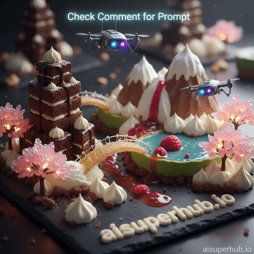 Create a hyper-realistic macro photograph depicting a grand, edible landscape sculpted entirely from gourmet desserts. This intricate scene features towering structures of chocolate cake, rivers of flowing caramel, and mountains of whipped cream. Tiny, futuristic, drone-like robots with glowing lenses hover around, meticulously capturing every detail of this fantastical sugary world, as if performing a professional food photoshoot of a miniature planet. Details to include: A cascading waterfall of shimmering raspberry coulis flowing into a vibrant green matcha mousse lake. Miniature 'buildings' crafted from intricately piped white chocolate ganache and delicate sugar spun bridges. A subtle, luminescent text overlay at the top of the image reading "Check Comment for Prompt", designed as if projected by one of the drones. A delicate, edible 'credit' watermark near the bottom, integrated into the frosting details, reading "aisuperhub.io". Clusters of candied fruit trees with glowing sugar crystal leaves. The dessert landscape is presented on an oversized, polished black slate, emphasizing its miniature scale against a vast, velvety dark backdrop. The edges of the slate reflect the vibrant colors of the dessert, creating a dramatic stage for this sweet spectacle. Beyond the immediate focus, the background dissolves into a soft, ethereal bokeh, hinting at an infinite, sugary universe. Dramatic, high-key studio lighting with soft, diffused top lights accentuates the textures and sheen of the edible elements, casting gentle shadows that define the landscape's contours. Subtle internal glow emanates from some of the sugar crystals and drone lenses, creating a sense of magical wonder and luxurious perfection. Rich browns of various chocolates, vibrant reds of berries, creamy whites and pastels of frosting and mousse, contrasting with subtle hints of glowing blues and purples from the futuristic drone lights. A whimsical, awe-inspiring, and luxuriously decadent atmosphere, evoking both childhood wonder and sophisticated artistry. Photorealistic, macro photography, hyper-detailed, culinary art, fantasy realism, studio quality, bokeh background, dramatic contrast, vibrant, imaginative.
