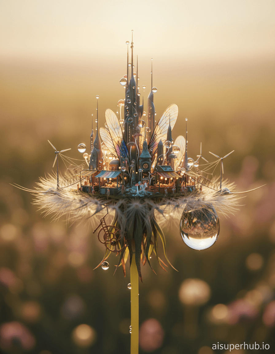 Create a hyper-realistic macro photograph depicting a microscopic metropolis on a single dandelion seed for the Cinematic color grading. A vibrant, impossibly intricate miniature city thrives on the feathery surface of a single dandelion seed. Tiny structures resembling futuristic skyscrapers and bustling marketplaces are constructed from iridescent insect wings and dewdrop spheres, illuminated by bioluminescent fungi. Details to include: Spun spider silk bridges connecting seed fibers, Bioluminescent fungi acting as streetlights, Translucent, dust-mote-sized inhabitants, Clockwork mechanisms integrated into architecture, Micro-wind turbines from iridescent insect wings. The dandelion seed is suspended delicately mid-air, bathed in golden hour light, with a single, massive water droplet clinging precariously. The background is an extreme bokeh blur of a vast, ethereal meadow, where soft greens and golds dissolve into an otherworldly haze. Bathed in a warm, golden hour glow, soft rim lighting highlights the city's edges. Light filters through delicate seed fibers, creating intricate shadow patterns. The mood evoked is one of wonder and delicate fragility, emphasizing the preciousness of this hidden world. Warm golds, soft greens, iridescent blues and purples, with subtle amber and rose in the background bokeh. A breathtaking sense of delicate wonder, bustling life, and serene vulnerability. Microscopic realism, magical realism, high-detail CGI, ethereal, breathtaking scale, cinematic composition, award-winning nature photography. Overlay text: 'aisuperhub.io'