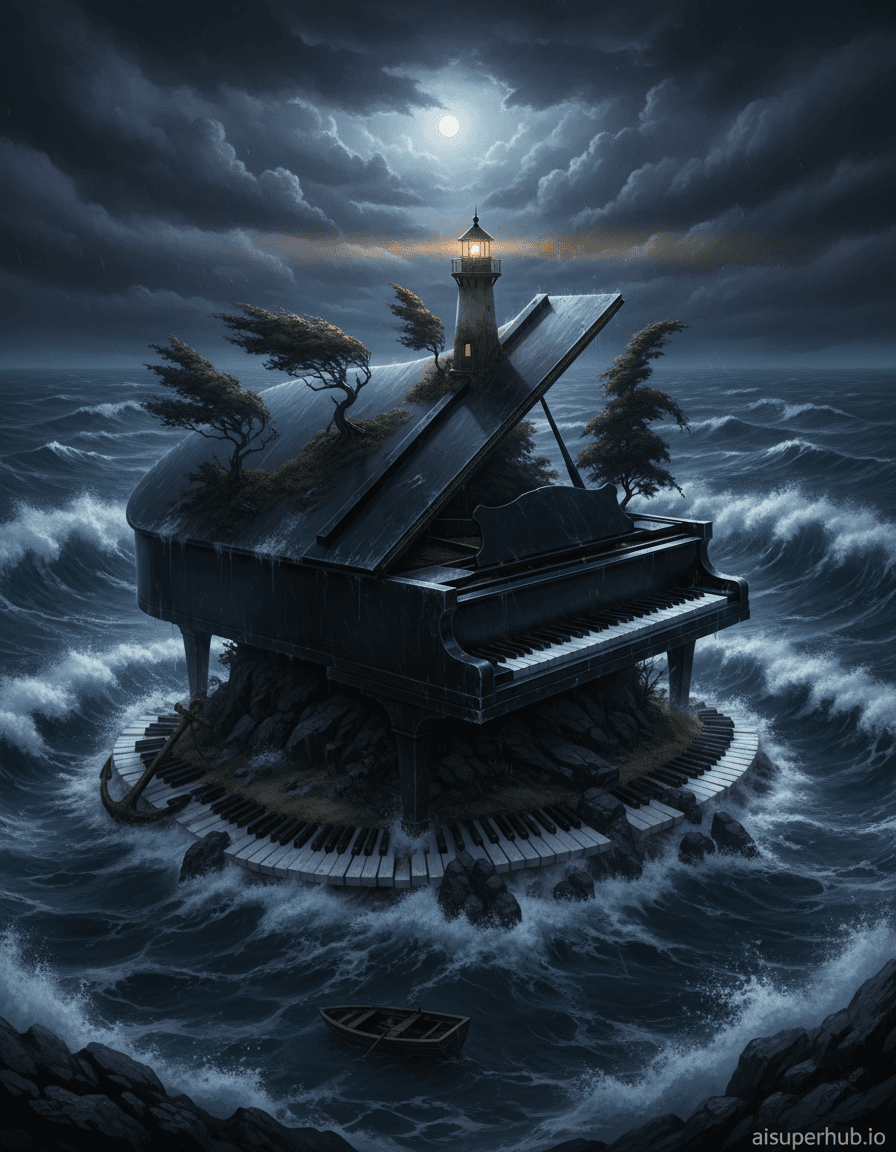 Create a hyper-realistic digital painting depicting a grand piano transformed into a storm-tossed island for the cinematic double-exposure portrait poster seamless blend. The piano's black lacquer forms jagged, rain-slicked cliffs; its keys, a frothing, turbulent shoreline. A miniature lighthouse on the highest point beams, fighting the tempest. Details to include: Wind-battered cypress trees clinging to curved lid. Tiny, distressed wooden rowboat near 'keys' shoreline. Dynamic water splashes, reflecting moonlight. Piano pedals as submerged rock formations. Rusted anchor half-buried in 'beach' of lower keys. A vast, dark, turbulent ocean surrounds the island-piano; colossal waves crash distantly. Dramatic sky of bruised storm clouds looms, revealing a cold, distant moon. Horizon blurs tumultuous sea meeting angry sky. Dramatic, high-contrast chiaroscuro. Stark moonlight pierces clouds, highlighting wet surfaces, casting deep shadows. Lighthouse beam offers struggling, warm, hopeful light amidst cold desolation, evoking resilience, raw natural power. Deep blues, charcoal greys, stormy purples, stark whites for waves/moonlight. Rust orange, warm amber from lighthouse; dark greens for sparse vegetation. Majestic and perilous, conveying overwhelming storm power and quiet strength of an impossible landscape. Masterpiece, fantastical realism, volumetric lighting, photorealistic digital painting, epic scale, cinematic, intricate detail, dramatic, high resolution, Unreal Engine 5 render, award-winning concept, 'aisuperhub.io'