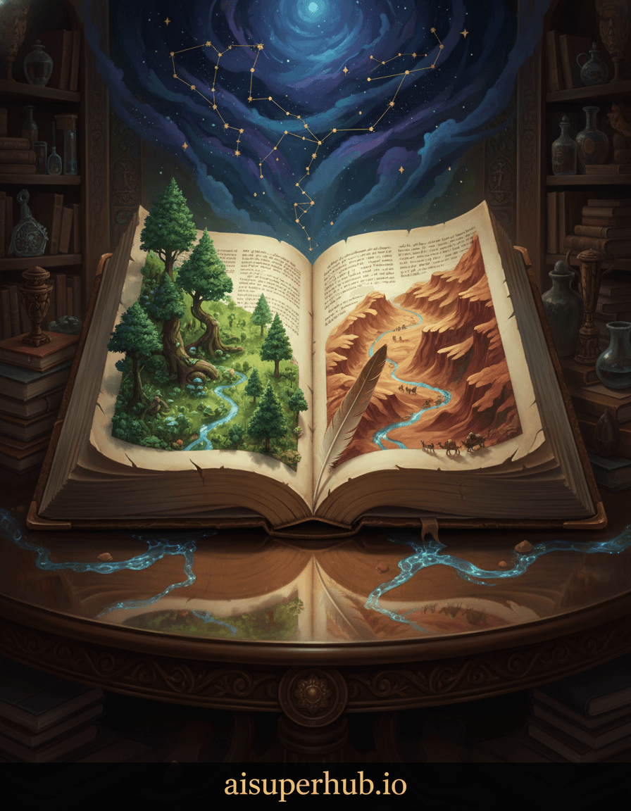 Create a hyper-realistic digital painting depicting a colossal, ancient leather-bound book transformed into a mystical landscape for the Vintage edits. The open pages of the book reveal an expansive, fantastical realm. On the left page, a serene, verdant forest with miniature trees growing from the textured paper. The right page displays a dramatic desert canyon, its intricate rock formations carved directly from the creased and stained paper. Details to include: Tiny, luminescent fungi glowing softly within the paper-forest, miniature caravans of explorers traversing the canyon's page-ridges, microscopic rivers of shimmering ink flowing through the valleys, delicate, faded gilded script subtly visible as celestial constellations in the sky above the pages, and a single, ancient quill feather resting at the binding, casting a long shadow. The colossal book rests on a massive, ornate wooden table, its surface aged and polished, reflecting the soft glow of the ethereal landscape within. Surrounding the table are shelves filled with arcane scrolls and mysterious artifacts, all bathed in deep, velvety shadows, suggesting a hidden library or an alchemist's study. The lighting is dramatic and magical, with a soft, warm glow emanating from the book's pages, illuminating the miniature landscape. Ambient light from unseen sources casts long, dramatic shadows across the room, emphasizing the book's immense scale and the mysterious atmosphere. The overall effect should be dreamlike and awe-inspiring. A rich, deep jewel-toned palette dominates, with emerald greens and sapphire blues for the forest, contrasted with warm ochres and russet reds for the desert canyon. Subtle golden accents from the book's binding and gilded script tie it together. The mood is one of profound wonder, ancient mystery, and quiet, breathtaking discovery. Highly detailed, photorealistic, fantasy art, digital painting, epic scale, trompe l'oeil, vintage aesthetics, cinematic. Add overlay text at the bottom 'aisuperhub.io'.