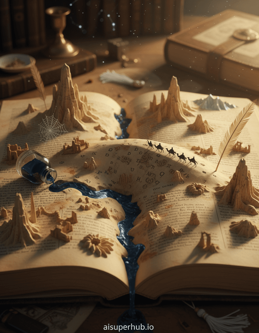 Create a hyper-realistic macro photograph depicting a vast, intricate desert landscape carved entirely from the pages and binding of an ancient, open book for the Cinematic color grading. The viewer is positioned as if hovering just above the textured 'surface' of the book. Deep ravines represent the creases between pages, while individual letters and illustrations from the original text manifest as ancient ruins, eroded formations, and tiny, fossilized creatures within the sand-like paper grains. A winding river of shimmering ink flows from a spilled inkwell, cutting a canyon through the papyrus dunes. Details to include: Miniature, petrified quill pens jutting from the 'sand' like ancient obelisks; faint, glowing glyphs from the book's text forming constellations in the 'sky' above the landscape; a tiny, meticulously detailed caravan of microscopic figures traversing a page-crease dune; a shimmering, transparent bookmark acting as a distant, ethereal mountain range; a single, dew-kissed spiderweb strung between two 'mountain' pages. The immediate surroundings beyond the book are softly blurred, hinting at a quiet, scholarly study or an antique library, adding to the trompe l'oeil effect. Dust motes dance in the ambient light, emphasizing the enormous scale of the book-world relative to its human context. The focus remains sharply on the intricate landscape, with peripheral elements only suggesting the book's true form. Golden hour lighting, warm and diffused, casting long, dramatic shadows across the paper dunes, emphasizing texture and depth. A sense of awe and quiet discovery is conveyed by the soft, ethereal glow that highlights the delicate features. Predominantly sepia and aged parchment tones, with rich, deep blues for the ink river and subtle hints of faded crimson and emerald from historical illustrations, creating a timeless, melancholic beauty. Mystical, awe-inspiring, and profoundly serene, inviting close inspection and contemplation of hidden worlds. Photorealistic macro photography, fantasy art, trompe l'oeil, mixed media, hyperdetailed, ethereal, golden ratio composition. Overlay text: 'aisuperhub.io' at the bottom.