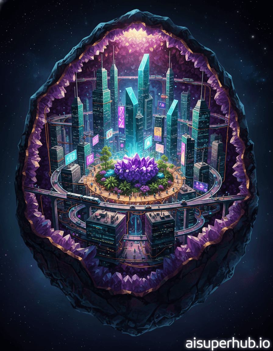 Create a hyper-realistic digital painting depicting a miniature, vibrant cityscape thriving within a colossal, cracked geode for the Street style. Imagine a cross-section of an enormous geode, its crystalline interior transformed into a sprawling metropolis. Tiny glowing skyscrapers rise from emerald quartz streets, while miniature vehicles navigate sapphire crystal highways. A network of elevated maglev trains, like glowing veins, crisscrosses through the iridescent mineral formations. Details to include: Luminescent energy flowing through crystalline structures, microscopic figures bustling about, casting long, sharp shadows, intricate architecture seamlessly integrated with natural mineral facets, tiny holographic advertisements flickering on crystal building facades, a grand central park, lush with bioluminescent flora, situated on a large amethyst cluster. The geode's exterior is rough and ancient, hinting at its immense age, with subtle cracks revealing glimpses of the cosmic void beyond. Inside, the city is nestled within iridescent walls of amethyst, quartz, and pyrite, with crystalline spires reaching towards a contained, artificial "sky" at the geode's apex. The entire structure feels suspended in an ethereal, dark void, emphasizing its isolation and self-contained wonder. The lighting is a blend of internal bioluminescence and futuristic neon glows, casting a warm, inviting, yet mysterious aura. Shadows are sharp and deep, emphasizing the intricate details and vast scale difference, creating a sense of both wonder and intimacy. The color palette features predominantly deep purples, emerald greens, sapphire blues, and golden pyrite accents, contrasted with vibrant neon pinks, electric blues, and oranges from the city lights, all against a dark, cosmic background. Awe-inspiring, futuristic, and deeply enchanting, evoking a sense of discovery and possibility. Hyper-realistic digital painting, intricately detailed, science fantasy, cyberpunk aesthetics, macro-photography perspective, surreal, epic scale, 8k, cinematic, concept art. Overlay text at bottom: 'aisuperhub.io'