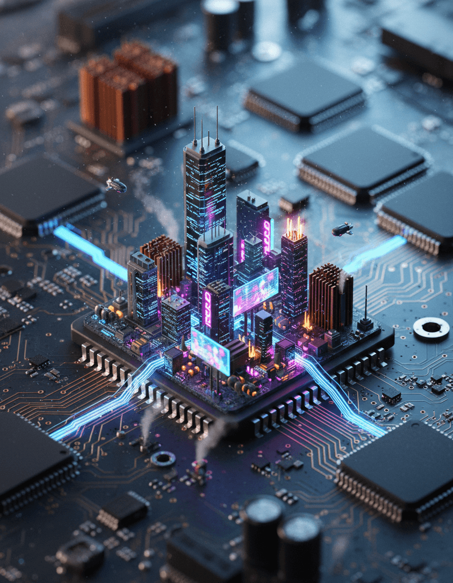 Check Comment for Prompt Create a hyper-realistic macro photograph of a bustling cyberpunk metropolis thriving within the etched silicon valleys and shimmering gold pathways of a microchip, rendered as a hyper-realistic isometric 3D miniature. Fiber optic skyscrapers rise from the chip's central processor, windows aglow with neon. Tiny automated vehicles navigate copper traces like bustling highways, while miniature airships hover between towering heat sinks. Details to include: Glowing fiber optic bridges, data streams flowing like rivers along circuit lines, miniature holographic billboards with pixelated ads, steam from resistor power plants, and reflective silicon mirroring urban glow. Nestled deep within a dark grey motherboard, the city's background includes other unpopulated components, slightly out of focus. Exaggerated textures of silicon wafers and solder points form rugged terrain and reflective surfaces. Subtle dust motes float, catching light and emphasizing microscopic scale. Dramatic, high-contrast cyberpunk lighting bathes the scene, dominated by electric blue and vibrant pink neon radiating from city structures. Deep shadows create mystery and depth, with subtle backlighting hinting at unseen power. The intent is to evoke awe and impossible wonder, mixed with gritty high-tech allure. Electric blues, vibrant pinks, deep purples, fiery oranges, metallic golds, contrasted against dark greys and blacks of silicon and motherboard. Awe-inspiring, intricate, vibrant futuristic atmosphere with dystopian grit. Unreal Engine 5 render, cinematic photography, macro lens, volumetric lighting, Octane render, photorealistic, intricate detail, high resolution, 8k, award-winning. aisuperhub.io
