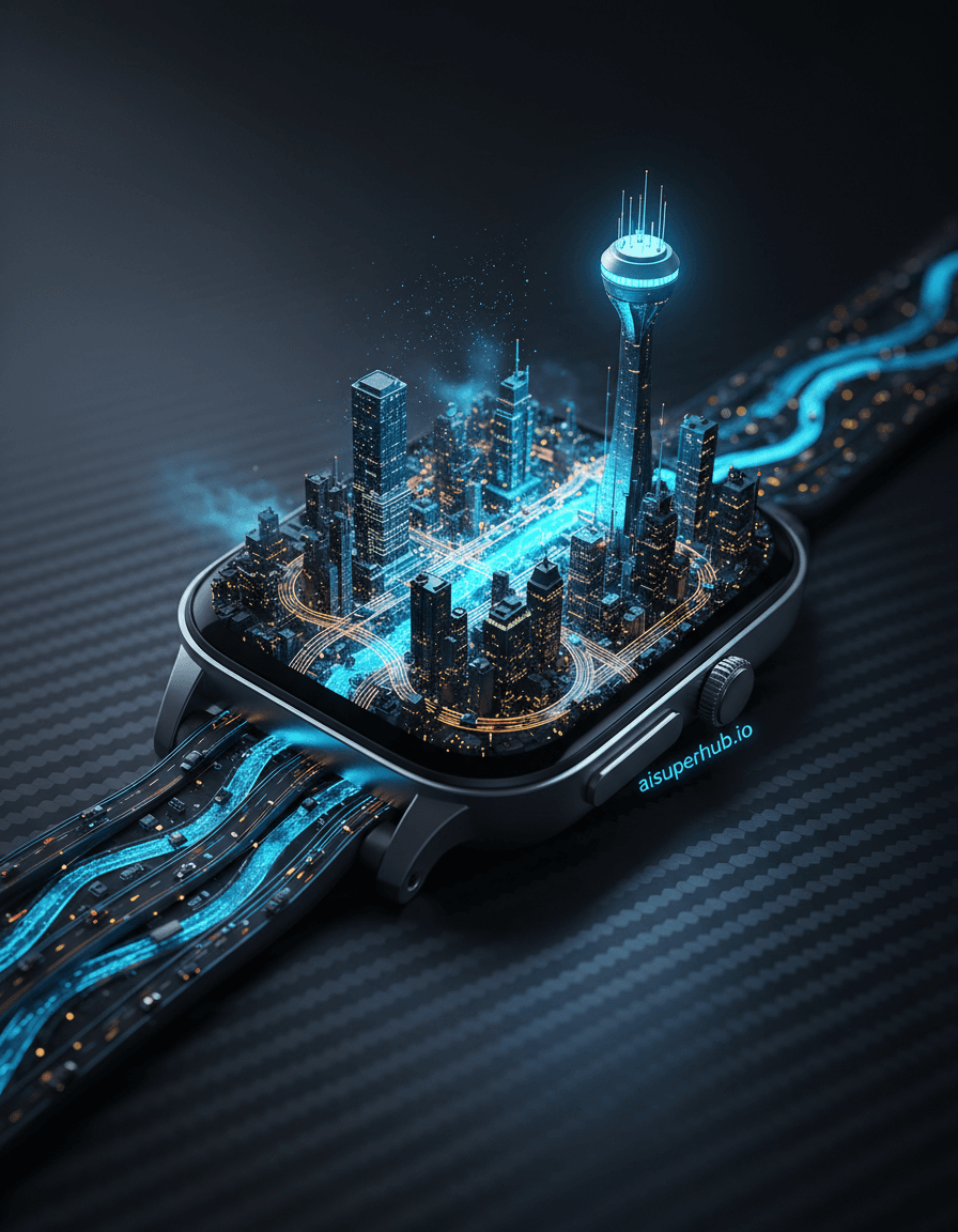 Create a hyper-realistic digital artwork depicting a sophisticated smartwatch transforming into a microscopic urban landscape for the Product shots. The watch face becomes a bustling, intricate metropolis of miniature skyscrapers and glowing digital pathways. The flexible strap morphs into winding rivers and elevated highways, populated by imperceptible moving vehicles, animating a city on a minuscule scale.Details to include: Miniature skyscrapers emerging from watch screen pixels; integrated circuits appearing as illuminated highways with minuscule moving vehicles; the watch crown as a colossal observation tower; a starry night sky reflection on the polished screen blending with the cityscape; and a subtle, futuristic holographic glow from the urban micro-landscape.The smartwatch rests on a sleek, minimalist carbon fiber surface, angled for visual impact. A blurred, dark void background draws all attention to the intricate world within. A faint, ethereal mist hovers over parts of the tiny city, adding depth.Dramatic, high-contrast chiaroscuro lighting emphasizes extraordinary detail. Cool neon blues from digital lights contrast with warm amber streetlights, creating wonder and intricate precision. This highlights the impossible scale, evoking a magical, otherworldly transformation.The color palette features deep indigos, electric blues, neon greens, warm amber, metallic grays, and polished silver, accentuating a futuristic, high-tech aesthetic. The mood is awe-inspiring, futuristic, and exquisitely detailed, inviting scrutiny. This image should embody hyper-realistic macro photography, sci-fi art, impossible architecture, trompe l'oeil, high-tech minimalism, 8K, cinematic. aisuperhub.io