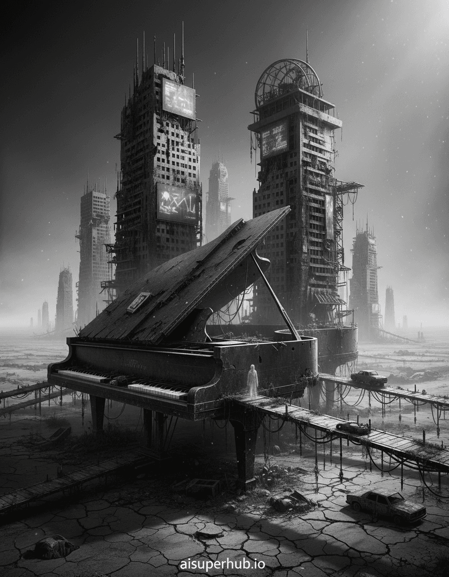 Create a hyper-realistic photograph depicting a grand piano meticulously re-imagined as a crumbling, dystopian metropolis for the Black and white photography. The piano's black lacquer body forms towering, brutalist skyscrapers, their sharp angles echoing the keyboard, with intricate details of decaying facades. The keys themselves are a sprawling, interconnected network of desolate, forgotten streets and elevated walkways, some cracked and overgrown with phantom vines. The lid, half-collapsed, suggests a ruined, iconic landmark, perhaps a bridge or a massive observatory, on the brink of structural failure, its internal mechanisms exposed like skeletal supports. Details to include: tiny, derelict vehicles scattered on the 'streets' of the keys, faint, almost invisible holographic advertisements flickering on the 'skyscraper' surfaces, exposed wiring and rusted metal beams protruding from the 'ruined' piano lid, a single, ghostly figure (almost imperceptible) wandering a 'street' below, and dust motes dancing in the faint light filtering through the decay. The piano-city rests on a vast, cracked surface resembling a dried-up riverbed or a forgotten concrete wasteland, stretching into an infinite, hazy distance. The background is sparse, hinting at an abandoned, post-apocalyptic world, devoid of any other discernible structures or life, emphasizing the isolation and monumental scale of the piano-city. The air is thick with dust and a sense of profound desolation. Dramatic, low-key chiaroscuro lighting, with harsh, angular shadows cast by unseen, distant light sources, defines the scene. A single, weak beam of light struggles to penetrate the dusty atmosphere, highlighting key areas of decay and destruction. The lighting should evoke a sense of deep melancholia, a lost future, and silent, enduring despair. Monochromatic, black and white photography with deep contrasts and rich grayscale tones. A profound sense of post-apocalyptic decay, melancholic beauty, and desolate grandeur pervades the scene. Hyper-realistic, cinematic, dystopian art, brutalist architecture, detailed textures, chiaroscuro, photorealistic rendering, epic scale, subtle surrealism, with a subtle overlay text at the bottom: 'aisuperhub.io'.