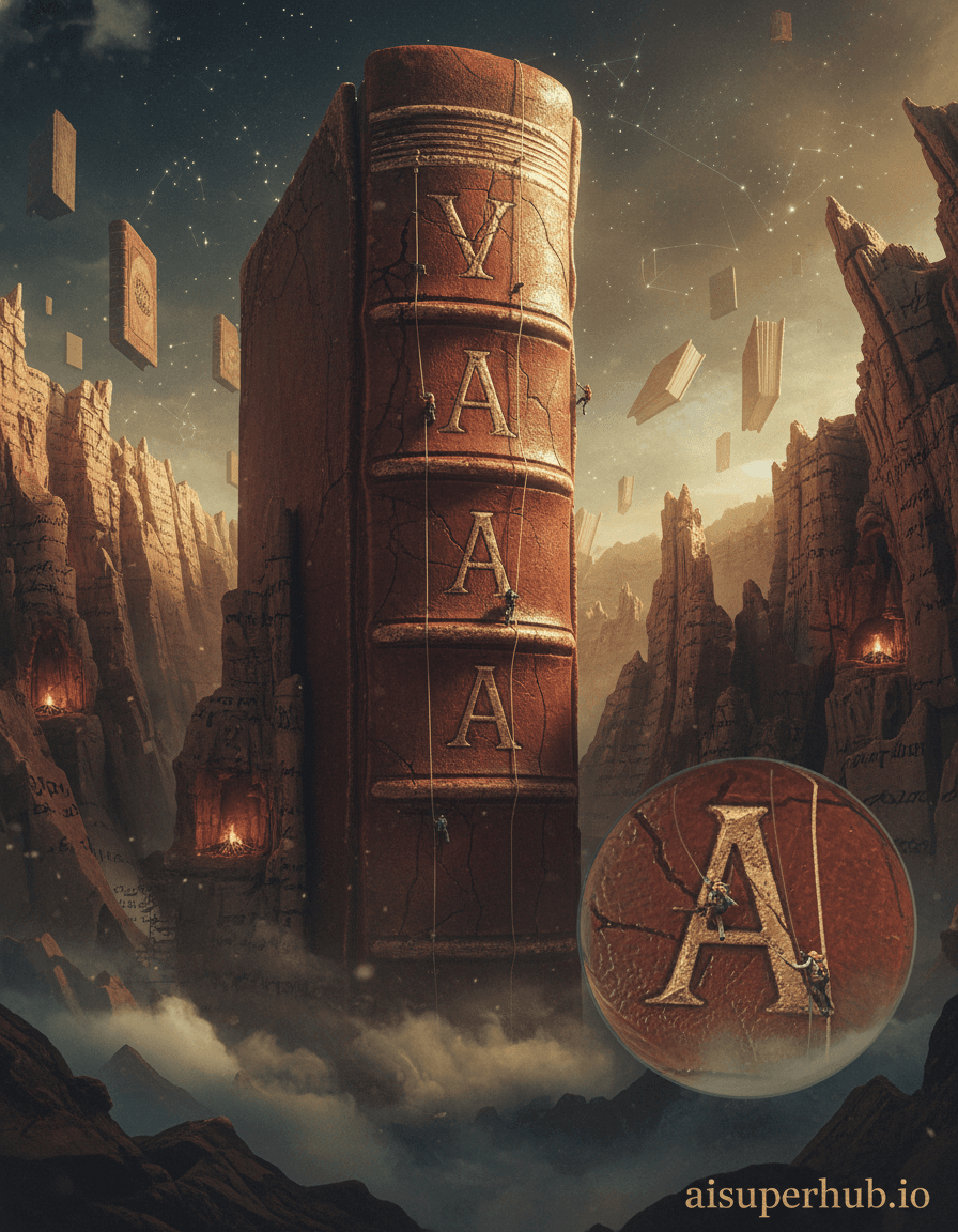 Create a hyper-realistic panoramic photograph depicting an epic fantasy landscape formed by a colossal, ancient book spine for the Street style. A weathered, leather-bound book spine, impossibly vast, rises majestically from a misty abyss, its pages curving into dramatic cliffs and valleys. Tiny, intrepid figures, no larger than dust motes in comparison, are seen scaling the intricate gold-leaf lettering and exploring the deep, shadowy ravines formed by its binding. Details to include: Miniature ropes and grappling hooks clinging to the raised metallic letters; Dust motes illuminated by distant light, hinting at the colossal scale; Faint, almost invisible script etched into the spine's texture, resembling ancient paths; Tiny campfires flickering in sheltered alcoves formed by worn pages; A magnifying glass-like lens effect subtly emphasizing a specific miniature explorer. The base of the book-mountain is shrouded in a swirling, ethereal mist, obscuring its origin and suggesting infinite depth. Beyond the immediate landscape, the vastness of a cosmic library is hinted at, with faint, glowing constellations of other colossal books suspended in the dark, starry void. The air itself seems thick with the scent of aged paper and forgotten knowledge. Dramatic, golden hour lighting cuts across the spine, highlighting its crags and crevices with sharp, warm contrasts, creating an awe-inspiring and adventurous mood. Pockets of deep shadow add mystery and danger, suggesting the vast, unexplored depths within the 'mountain range'. Rich sepia tones, deep crimson leather, antique gold, and subtle cool blues in the shadows and mist. A mood of grand adventure, ancient wonder, and humbling discovery permeates the scene. Macro photography, cinematic fantasy art, hyperrealism, trompe l'oeil, mixed media texture, detailed miniature world, epic scale, overlay text 'aisuperhub.io'.