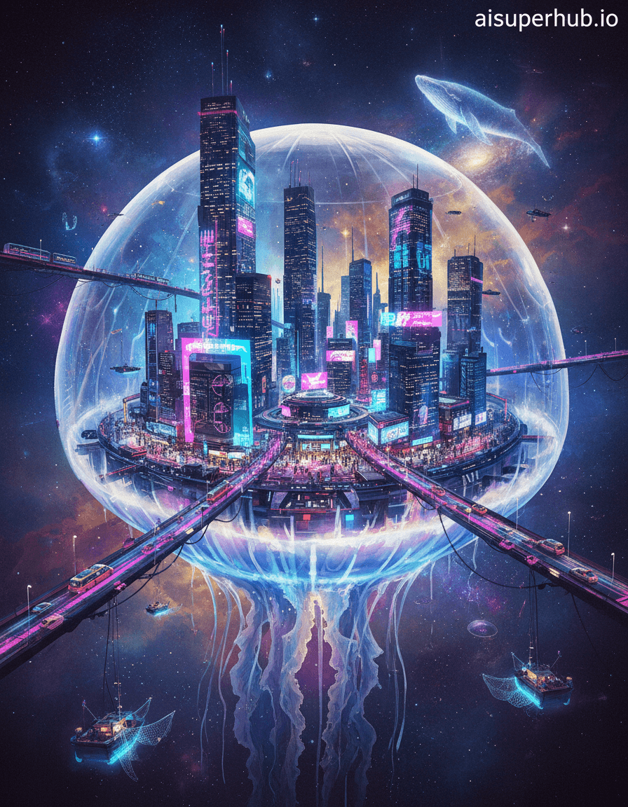 Create a hyper-realistic digital painting depicting a bustling cyberpunk metropolis within a colossal, ethereal jellyfish, adrift in a cosmic ocean for the Street style. Neon-lit skyscrapers pierce its translucent dome, linked by aerial sky-bridges and maglev trains; glowing highways carry futuristic vehicles, tracing light trails. The central hub buzzes with holograms and diverse alien-humanoids. Details: intricate circuitry patterns in the jellyfish's bell, small glowing fishing vessels venturing into the cosmic 'sea', and a colossal holographic whale breaching in the distant cosmic background. The vast jellyfish shimmers with bioluminescent currents; its translucent membrane reveals the cosmic ocean's swirling nebulae, star clusters, and galactic dust—an infinite backdrop of deep purples, blues, and golds. Primary lighting from the city's vibrant neon and holographic projections creates an electric glow, contrasting with deep cosmic twilight, evoking wonder, bustling energy, and profound loneliness. Palette: electric blues, magenta, cyberpunk neons (cyan, lime green), deep cosmic purples, stardust golds, pearlescent whites. Atmosphere: breathtaking, vibrant impossibility and futuristic awe, juxtaposed with serene cosmic majesty. Hyperrealistic digital art, cyberpunk, surreal fantasy, highly detailed, volumetric lighting, 8k. Overlay text 'aisuperhub.io'.