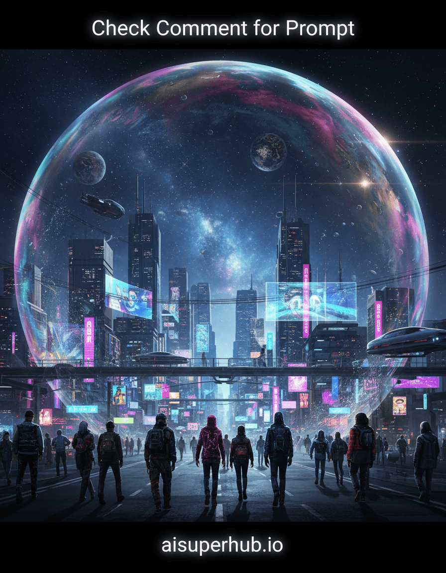 Create a hyper-realistic street style photograph depicting a bustling futuristic metropolis contained entirely within a colossal, iridescent soap bubble, for the Street style. The scene captures a dynamic street level view from within the bubble, showing citizens in motion, futuristic vehicles gliding silently, and holographic advertisements shimmering against the bubble's inner surface. The bubble itself acts as the city's curved, transparent ceiling, subtly distorting the distant cosmos. Details to include: Reflective surfaces of the bubble subtly warping the city's vibrant lights, tiny, intricately designed skyscrapers and aerial bridges connecting different districts, diverse citizens in high-tech, yet expressive street-fashion attire, and a faint shimmering of cosmic dust particles adhering to the outer shell of the bubble. Additionally, an overlay text 'Check Comment for Prompt' should be clearly visible at the top of the image, and 'aisuperhub.io' credited at the bottom. The environment outside the bubble is a breathtaking expanse of deep space, filled with swirling nebulae, distant star clusters, and the occasional faint glow of other, smaller, perhaps abandoned bubble habitats. The colossal bubble itself is the dominant feature, its surface reflecting and refracting the cosmic backdrop, creating a kaleidoscope of colors. Lighting is ethereal and dramatic, with a primary ambient glow emanating from the city's internal light sources – neon signs, vehicle headlights, and building illuminations – casting dynamic shadows. This is complemented by a soft, diffused starlight filtering through the bubble's outer layer, creating subtle volumetric rays and dramatic lens flares as light catches the iridescent surface. The emotional intent is one of profound wonder and isolated beauty. The color palette is a vibrant contrast of cyberpunk neons (electric blues, hot pinks, lime greens) from the city, against the deep cosmic blues, purples, and faint golds of the surrounding space. The bubble itself displays an ever-shifting iridescent sheen. Mood: Awe-inspiring and contemplative, hinting at humanity's isolated ingenuity and resilience within the vast, silent cosmos. Style summary: Futuristic street photography, cyberpunk aesthetic, detailed matte painting, photorealistic, cinematic rendering, volumetric lighting, epic scale, 8K, V-Ray, high contrast, dramatic shadows.