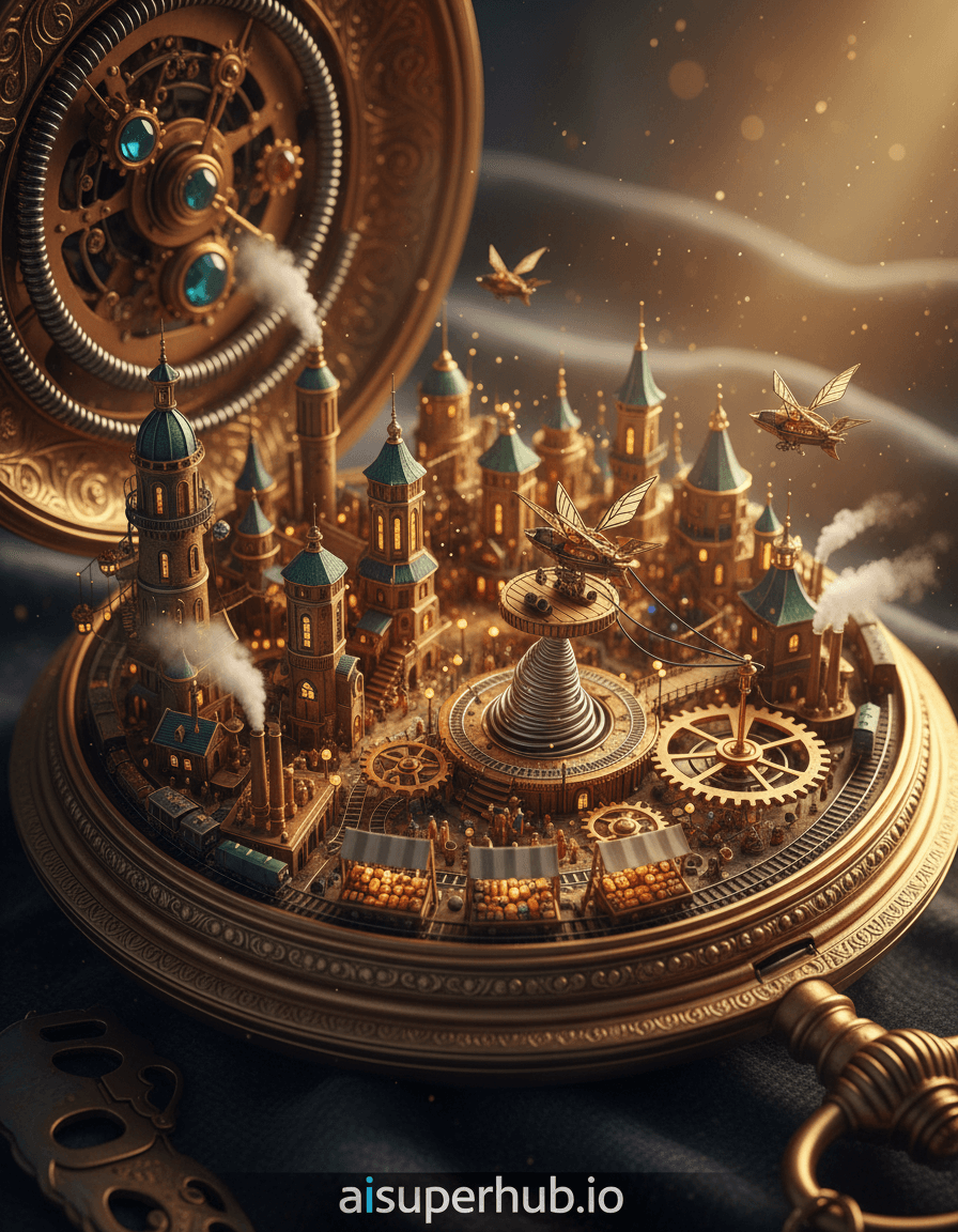 Create a hyper-realistic macro photograph depicting a bustling, steampunk-inspired miniature city for the hyper-realistic isometric 3D render of a miniature. This intricate metropolis thrives within the polished brass gears and delicate springs of a colossal antique pocket watch, its tiny inhabitants going about their daily lives. Airships, no bigger than insects, navigate the intricate clockwork streets, while minuscule trains chug along tracks carved into the watch's internal mechanisms. Details to include: Tiny glowing street lamps illuminating winding pathways, intricate cogwheel bridges connecting different sections of the city, a microscopic airship docking at a spring-loaded platform, a bustling marketplace with infinitesimal stalls, and steam vents releasing wisps of vapor from miniature factories. The backdrop is a blurred, soft-focus view of the watch's luxurious velvet lining, suggesting its immense scale. Dust motes, caught in beams of light, float gently, adding to the ethereal quality. The outer casing of the watch, partially visible, shows elegant engravings, hinting at a forgotten era of craftsmanship. Dramatic, warm cinematic lighting streams in from an unseen source, highlighting the metallic sheen of the gears and casting long, intricate shadows that enhance the depth and complexity of the city. The light feels magical and awe-inspiring, evoking wonder and a sense of discovery. Rich brass and copper tones dominate, accented with deep emerald greens, sapphire blues, and ruby reds from miniature stained-glass windows and tiny decorative elements. A wondrous, intricate, and enchanting atmosphere of hidden worlds and forgotten marvels. Ultra-detailed, volumetric lighting, photorealistic macro, miniature photography, intricate diorama, surreal steampunk, dreamlike, cinematic, high resolution, 8K, with overlay text at the bottom 'aisuperhub.io'.