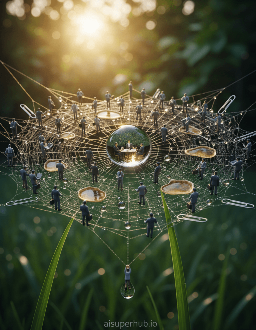 Create a hyper-realistic macro photograph depicting the intricate, bustling world of a corporate office, compressed into a single, dew-kissed spiderweb at dawn for the Work life shots. Thousands of tiny, transparent 'employees' - office worker figures - are seen bustling along the silken strands, some carrying miniature briefcases, others hunched over microscopic 'laptops' made from water droplets. A central 'boardroom' is formed by a large dewdrop reflecting the early morning sun, surrounded by a cluster of figures in intense discussion. Details to include: Tiny paperclip bridges connecting different sections of the web; Microscopic coffee stains acting as 'ponds' or 'lakes'; A minuscule 'power grid' of glowing fiber optics represented by strands of silk; A 'CEO' figure, slightly larger and more distinguished, perched on a central dewdrop throne; A miniature, exhausted worker clinging precariously to a bottom strand, seemingly about to fall. The spiderweb is delicately strung between two vibrant green blades of grass, with distant, blurred morning light filtering through a dense canopy of foliage. The background shows hints of a tranquil garden, a stark contrast to the frantic activity on the web. A single, perfect dewdrop hangs heavy at the lowest point, threatening to dislodge the entire miniature world. Soft, ethereal morning light, dappled and golden, illuminates the scene from the left, casting long, dramatic shadows that emphasize the scale and intricate details. The light creates a sense of both hopeful beginnings and the relentless pressure of a new day, evoking a feeling of fragile ambition. Predominantly cool greens and blues from the background, contrasting with warm golds and oranges from the sunrise on the dewdrops and the silken strands. Touches of corporate grey and white for the tiny figures. A surreal blend of overwhelming miniature detail and serene natural beauty, conveying the relentless yet often unseen efforts of daily work. Hyper-realistic macro photography, impossibly detailed, surrealism, ethereal lighting, naturalistic textures, high dynamic range, cinematic, 8K, extreme depth of field. With an overlay text 'aisuperhub.io' positioned discreetly at the bottom of the image.