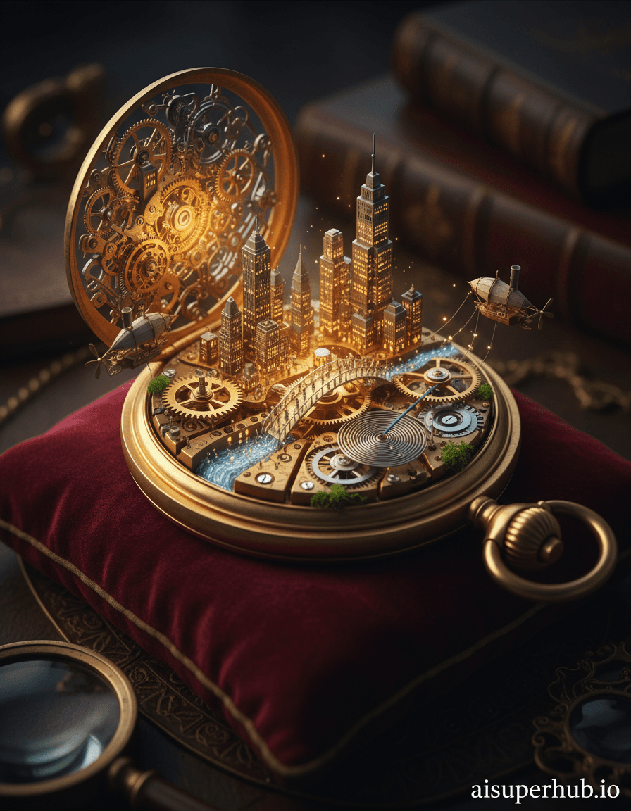 Create a hyper-realistic cinematic photograph depicting a bustling, microscopic city built within the intricate gears of an antique pocket watch for the Cinematic color grading. Tiny, illuminated skyscrapers, fashioned from minute mechanical components, rise from the brass cogs, their windows glowing with the warmth of countless miniature lives. A delicate bridge, formed from a repurposed watch hand, elegantly spans a winding river of polished steel, connecting vibrant districts where gears form grand plazas and coiled springs become bustling avenues of tiny activity. Details to include: Miniature steampunk-esque airships tethered to the towering gear teeth, countless minuscule figures bustling across the watch hand bridge, microscopic emerald moss growing on the intricate engravings of the watch's movement, a faint shimmering aura around the city lights, and an elegant, unobtrusive text overlay at the bottom right corner reading 'aisuperhub.io'. The entire mechanical marvel rests open on a plush, deep crimson velvet cushion, its golden case gleaming softly under the focused light. The surrounding area is softly out of focus, hinting at a grand, opulent collector's study, perhaps with a leather-bound book or an antique magnifying glass partially visible in the blurred foreground, emphasizing the colossal scale difference. Dramatic chiaroscuro lighting bathes the scene, with warm, golden light emanating from within the watch-city contrasting sharply with the deeper, cool shadows of the velvet and the watch's exterior. The light should evoke a profound sense of awe and meticulous wonder, highlighting both the minuscule scale and the unparalleled craftsmanship. The color palette is dominated by antique brass, polished steel, deep crimson velvet, and warm amber glows from the city, subtly accented by emerald green from the moss and rich mahogany tones from the blurred background. A breathtaking sense of intricate wonder and hidden complexity permeates the scene, inviting endless fascination. Microscopic photography, fantastical realism, steampunk aesthetic, intricate detail, cinematic composition, painterly textures, magical realism.