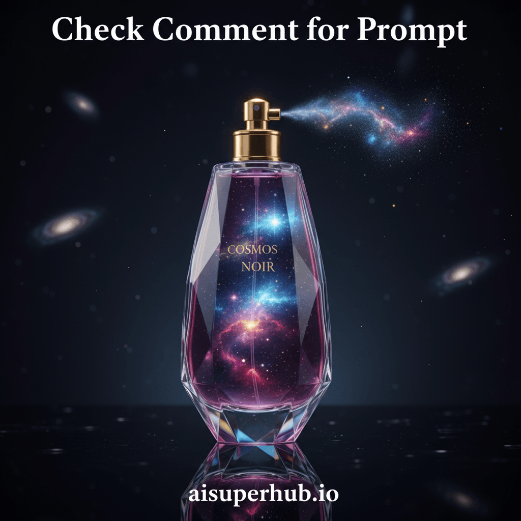 Create a hyper-realistic product shot depicting a luxury perfume bottle containing a living cosmic nebula. At the top of the image, overlay the text 'Check Comment for Prompt' and at the bottom, overlay 'aisuperhub.io'. The exquisite crystal bottle, shaped like an elongated teardrop, stands majestically on a polished surface. Inside, the perfume liquid swirls with a vibrant, glowing miniature galaxy, its nebulae and stars shifting and breathing as if alive. A delicate spray of cosmic dust and starlight emanates from the atomiser, momentarily forming tiny, ephemeral constellations before dissipating. Details to include: Tiny, swirling nebulae patterns visible within the liquid, reminiscent of the Pillars of Creation. Minute, sparkling stars that subtly twinkle and drift within the bottle. Reflections of the cosmic contents on the polished facets of the crystal bottle. A gentle, glowing mist of stardust emerging from the spray nozzle, forming delicate cosmic tendrils. Engraved brand name on the bottle that appears to shimmer with starlight. The bottle rests on a sleek, obsidian-like surface that reflects the celestial display within. The background is a velvety deep space void, subtly hinting at distant, swirling galaxies without detracting from the product. Sparse, perfectly diffused spotlights gently illuminate the bottle, emphasizing its contours and the luminous content, creating an infinite, luxurious expanse around it. Dramatic, ethereal backlighting from the "nebula" within the bottle casts soft, colorful glows onto the crystal. The external lighting is soft, studio-quality, emphasizing the bottle's high-end finish, with a celestial, otherworldly luminescence that suggests mystery and cosmic beauty. Dominantly deep indigos, lavenders, and midnight blues, contrasted with vibrant electric blues, fuchsia, gold, and silver from the internal nebula. Accents of stark white and crystalline transparency from the bottle itself. Mystical, luxurious, and infinitely captivating, evoking a sense of cosmic wonder and exclusive elegance. Hyper-realistic product photography, celestial aesthetic, high-end luxury, detailed, ethereal, deep space, macro photography.
