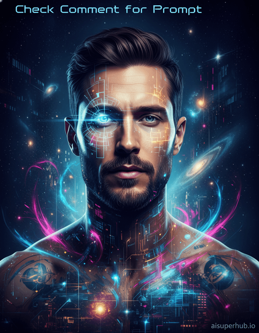 Create a hyper-realistic portrait of a man, his visage a living canvas of architectural blueprints and ethereal brushstrokes, for the Creative portraits men. 'Check Comment for Prompt' text integrated at top, digitally etched. A charismatic man gazes directly, contemplative. His face and torso morph; transparent skin reveals intricate city plans, luminous abstract digital art flows across him. Details to include: Glowing schematics under skin near eye, like a futuristic circuit board. Electric blue/magenta brushstrokes swirl around jawline, resembling pulsing digital energy. Faint 'aisuperhub.io' credit woven into bottom right, a digital watermark. Against an infinite cosmic void, transitioning into a nebula of stardust and galaxies. Animated background links him to a vast AI universe. Frame edges dissolve. Dramatic chiaroscuro lighting highlights glowing art, casting sharp shadows. Soft internal radiance from blueprints creates an ethereal, mysterious aura, evoking introspection and digital consciousness. Deep indigos, electric blues, vibrant magentas dominate, contrasted with gold and cyber-green accents. Contemplative, awe-inspiring, merging human spirit with digital artistry and advanced technologies. Futuristic portraiture, digital mixed media, hyper-realistic, cyber-surrealism, cinematic, neo-conceptual, intricate, trompe l'oeil.