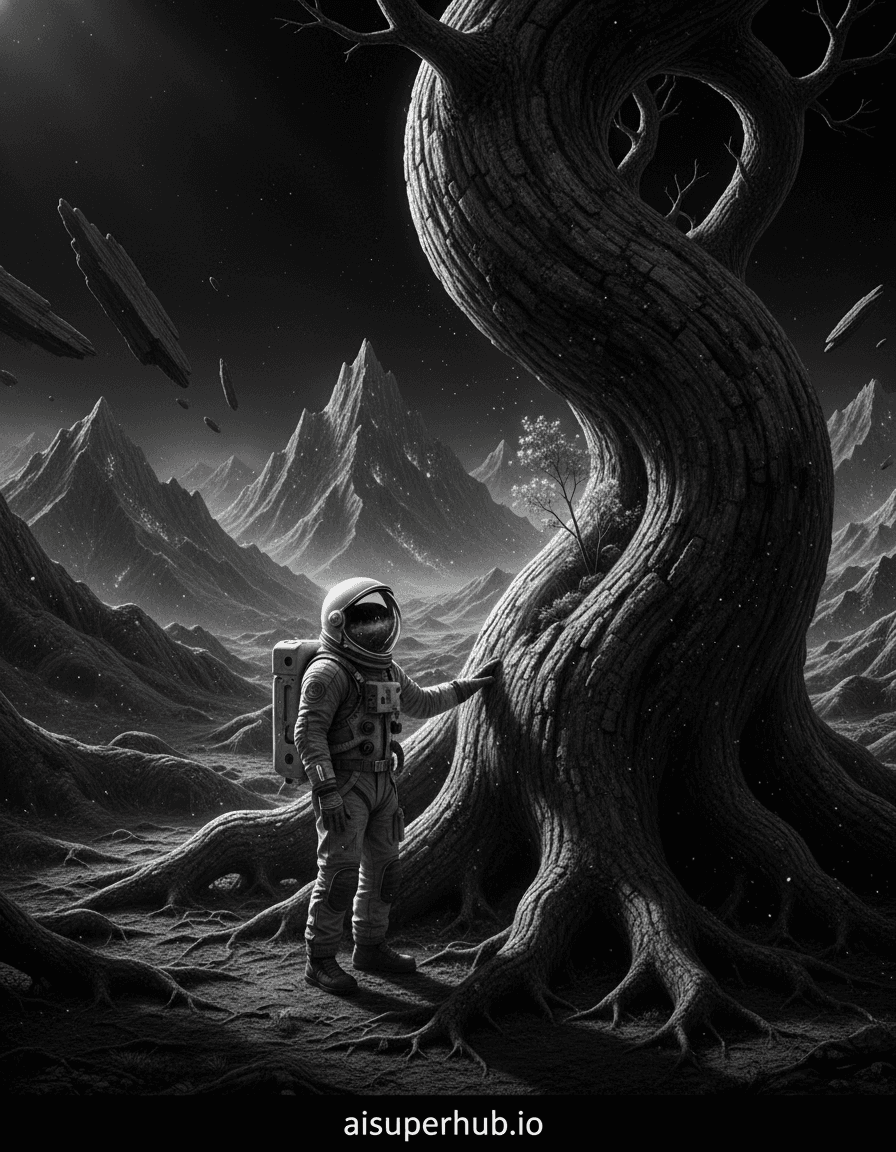 Create a hyper-realistic photograph depicting a lone astronaut exploring a cosmic landscape made entirely of ancient, gnarled tree roots, rendered in striking black and white photography. The astronaut, clad in a vintage-style spacesuit, is a small figure against the immense, organic terrain. Their visor reflects a faint, distant star-like gleam from within the root formations, and they appear to be examining a particularly massive, spiraling root structure, their hand hovering over its textured surface. Details to include: Intricate textures of bark and wood grain on the roots, showing millennia of growth; Subtle dust motes or cosmic particles suspended in the zero-gravity air; The astronaut's suit should have visible seams, clasps, and a weathered appearance; A faint, glowing flora-like element subtly integrated into one of the root crevices; The distinct reflection of the root landscape in the astronaut's curved visor. The environment is an alien planet or asteroid, where colossal, interconnected tree roots form mountains, canyons, and vast, undulating plains. Distant 'root-mountains' pierce a starless, inky sky, their silhouettes sharp against the faint cosmic glow emanating from unseen sources deeper within the root network. Debris resembling petrified wood fragments floats gently in the background, hinting at a forgotten, arboreal past. Dramatic, high-contrast chiaroscuro lighting, with sharp shadows and brilliant highlights, emphasizing the sculptural forms of the roots and the astronaut's solitary presence. A single, powerful, unseen light source casts long, stark shadows, evoking a sense of profound mystery and isolation. Pure black and white, with an expansive range of grays from deep, velvety blacks to stark, almost blown-out whites. Focus on tonal depth and contrast to define form and texture. Awe-inspiring, solitary, and deeply melancholic, with a hint of quiet wonder. Photorealistic, cinematic, fine-art photography, high-dynamic range, reminiscent of Ansel Adams meets science fiction, with an overlay text 'aisuperhub.io' at the bottom.