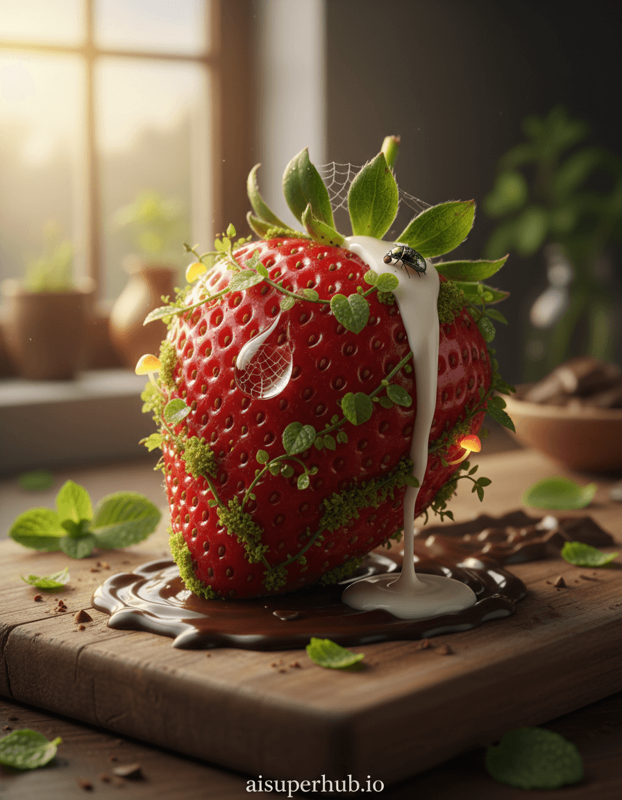 Create a hyper-realistic macro photograph depicting a miniature jungle ecosystem thriving on a single strawberry for the Food photography. A pristine, ripe strawberry serves as the foundation for an impossibly intricate miniature world. Tiny, dew-kissed leaves sprout from its dimpled surface, and minuscule vines weave their way around the berry's natural contours, creating shaded pathways. A clear, glistening drop of water hangs precariously from a delicate, nearly invisible spiderweb spun between two of the strawberry's achenes, reflecting a tiny, distorted image of the lush "forest" below. Details to include: Microscopic bioluminescent mushrooms glowing softly from within the strawberry's crevices. A miniature, iridescent beetle, no larger than a grain of sugar, meticulously polishing a dewdrop on a tiny leaf. A 'waterfall' made from a stream of condensed milk cascading down one side of the strawberry, forming a creamy pool at its base. Tiny, edible "moss" made from finely ground pistachios clinging to the berry's skin. A 'river' of melted dark chocolate snaking through the base of the strawberry landscape. The strawberry jungle is set against a soft, unfocused backdrop of a rustic wooden cutting board, with blurred hints of a sun-drenched kitchen window in the distance. The background provides a subtle, warm contrast, emphasizing the vibrant details of the miniature world. A few scattered, artfully arranged mint leaves and slivers of dark chocolate are out of focus, framing the central subject without distracting from it. Dramatic, golden hour lighting filters from the upper left, casting long, delicate shadows and highlighting the texture of the strawberry and its tiny inhabitants. The light is soft and warm, evoking a sense of wonder and delicate beauty, almost magical. Rich reds of the strawberry, vibrant greens of the tiny foliage, deep browns of chocolate, creamy whites of condensed milk, and subtle iridescence from the beetle and mushrooms, all set against a warm, muted woody background. Enchanting, whimsical, and awe-inspiring, creating a sense of discovery. Hyper-detailed macro photography, food artistry, surreal realism, cinematic still life, delicate dreamscape. An unobtrusive, elegant text overlay 'aisuperhub.io' is subtly placed at the bottom center of the artwork.