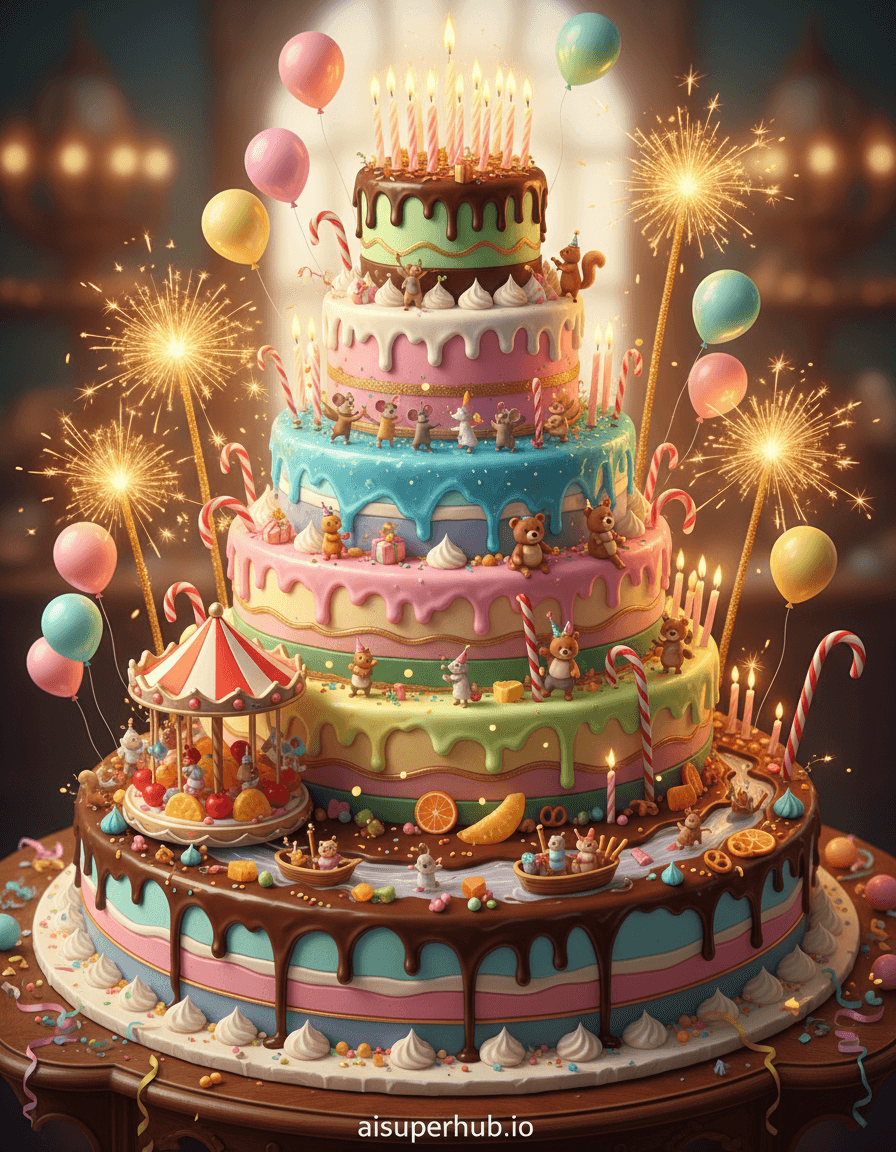 Create a hyper-realistic digital painting depicting a whimsical birthday celebration for the Birthday parties. A massive, multi-tiered birthday cake stands as a vibrant landscape. Tiny, joyful anthropomorphic animals, no larger than sprinkles, are engaged in various party activities across its frosted peaks and valleys. One group is dancing on a jello-like layer, another is unwrapping gifts near a candle forest, and a brave few are scaling candy-cane mountains. Details to include: A miniature carousel made of candied fruits spinning on a cake tier. A river of flowing chocolate milk with tiny boats made of cookie wafers. Sparklers acting as towering, glittering trees, casting long, dancing shadows. Fondant balloons in various pastel shades floating delicately above the cake's surface. Tiny party hats and streamers adorning the animal celebrants. The colossal cake sits atop an elegant, antique wooden table, with soft, out-of-focus party decorations like delicate streamers and confetti scattered around its base, suggesting a larger, unseen celebration. The background fades into a bokeh of warm, festive lights, hinting at a cozy party room beyond this miniature world. The scene is bathed in a warm, inviting glow from myriad miniature fairy lights strung throughout the cake, augmented by the soft, flickering light of the towering sparkler-trees. This creates a magical, dreamlike ambiance, emphasizing joy and wonder. A vibrant and playful palette dominated by pastel pinks, baby blues, lemon yellows, and mint greens, contrasted with rich chocolate browns and creamy whites, all highlighted by glittering gold accents. Utterly joyful, enchanting, and full of playful wonder. Detailed macro photography, whimsical fantasy art, trompe l'oeil, hyper-realism, mixed media, digital painting, storybook illustration, highly detailed, sharp focus. Overlay text at the bottom: 'aisuperhub.io'.