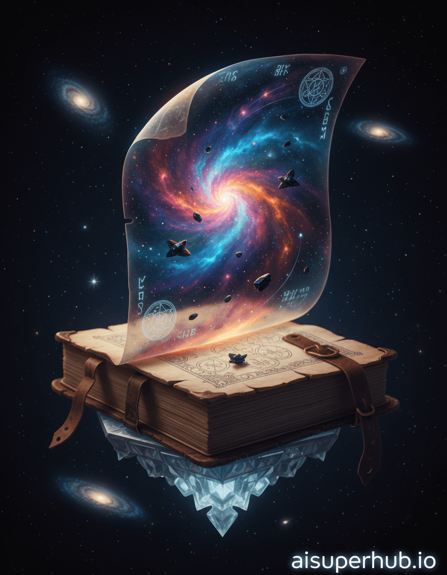 Create a hyper-realistic macro photograph depicting a cosmic nebula encased within the delicate pages of an ancient, sentient tome for the 3D holograms. The central focus is an impossibly thin, translucent page of an ancient grimoire, unfurling to reveal a swirling, vibrant nebula suspended within its parchment fibers. Tiny, ethereal spacecraft, resembling polished obsidian shards, navigate the cosmic currents, tracing faint light trails against the stardust. Details to include: Microscopic stardust glinting like scattered diamonds on the page's surface, faint, intricate magical runes subtly embedded into the page's texture, glowing with soft, internal light, the delicate, slightly curled edges of the page, showing age and wisdom, a tiny, almost imperceptible celestial map rendered as a watermark within the cosmic scene. The ancient tome itself, made of dark, gnarled wood and bound with weathered leather straps, rests on an ornate, floating pedestal crafted from crystallized moonlight. The surrounding space is an infinite, velvety void, punctuated by distant, shimmering galaxies that appear as faint, spectral whispers in the deep cosmic background, giving the impression of an isolated, sacred library within the universe. Ethereal, soft, and volumetric lighting emanates from the nebula itself, casting a warm, celestial glow that bathes the page in an otherworldly light, evoking wonder, reverence, and profound cosmic mystery. Deep indigos, rich purples, electric blues, and fiery oranges for the nebula, contrasted with sepia tones and aged creams for the parchment, and obsidian blacks for the surrounding void. Awe-inspiring and deeply meditative, hinting at untold ancient secrets and universal wisdom. Cinematic, surreal, cosmic realism, hyperdetailed macro photography, epic fantasy art, ethereal, volumetric lighting, photorealistic rendering. overlay text 'aisuperhub.io'