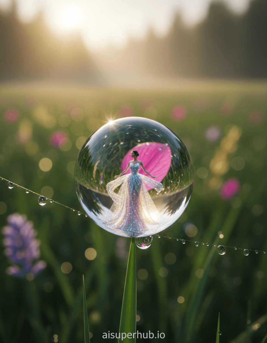 Create a hyper-realistic macro photograph depicting a mystical, miniature fashion model striking a pose inside a pristine dewdrop suspended on a spider's silk, with a vibrant floral landscape reflected and refracted within the spherical water for the Outfit photoshoot. The central focus is a minute, ethereal figure, no bigger than a speck, elegantly poised within the perfectly spherical dewdrop. The figure is wearing an intricately detailed, flowing gown made of what appears to be gossamer threads and stardust, showcasing a futuristic, high-fashion aesthetic. The dewdrop itself acts as a lens, distorting and magnifying the surreal world inside and the lush environment outside. Details to include: Incredible fabric textures of the miniature gown, shimmering with iridescence; The delicate, almost invisible strands of the spider's silk, glistening with microscopic water droplets; The distorted reflection of a single, vibrant, exotic flower's petal on the dewdrop's surface, acting as a backdrop; Subtle ripples on the dewdrop's surface, indicating slight movement or breath, enhancing realism. The dewdrop is perched precariously on a single, verdant blade of grass, part of a sprawling, sun-drenched meadow at dawn. The background beyond the grass is softly blurred (bokeh effect), revealing hints of more exotic flora and distant, misty forest outlines, creating a dreamlike depth of field. The air is thick with a magical, untouched quality. Soft, golden hour sunlight streams from the upper left, catching the dewdrop and creating stunning caustics and refractions, making the miniature model glow from within. The lighting should evoke a sense of wonder, purity, and ephemeral beauty, almost as if witnessing a secret, fleeting moment. A vibrant yet harmonious palette of deep emerald greens, soft lavender, radiant fuchsia, and luminous gold, with touches of crystal clear transparency. Mystical, ethereal, and awe-inspiring, celebrating the grandeur of the micro-world. Cinematic macro photography, hyperrealism, fantasy art, dreamcore, digital painting, impossibly detailed, bokeh, golden hour. Add an overlay text at the bottom: 'aisuperhub.io'.