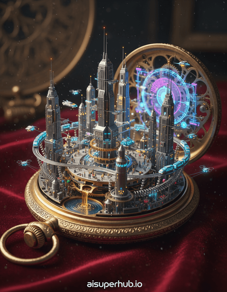 Create a hyper-realistic panoramic photograph depicting a miniature futuristic city contained within an open, antique pocket watch for the hyper-realistic isometric 3D render of a miniature. The intricate gears and springs of the pocket watch re-engineered into towering skyscrapers and sky-bridges, bustling with tiny, glowing vehicles. A central cog forms a grand plaza where micro-figures move with purpose, their energy reflected in the polished brass and steel city. Details to include: Tiny, illuminated drones zipping between gear-buildings; Micro-trains running along delicate spring-tracks; A grand clock-face transformed into a holographic display; A miniature waterfall made from polished watch oil cascading into a reservoir. The antique pocket watch lies open on dark velvet, its golden casing reflecting soft light. Dust motes emphasize the minuscule scale. The blurred background focuses on the transformed timepiece, hinting at its vast, unexplored history. Dramatic, cinematic lighting with strong internal sources from the city casting long, sharp shadows. A soft, warm external glow highlights the watch's exterior engravings, evoking wonder and delicate mystery. Metallic silvers, golds, and brass, contrasted with neon blues, greens, purples from city lights. Deep reds and browns for velvet background and watch casing. A breathtaking blend of intricate marvel and futuristic vibrancy, inviting endless contemplation. Macro photography, cinematic, steampunk, cyberpunk, detailed, epic miniature, ultra-high resolution, photorealistic, Unreal Engine 5 render, award-winning concept art. Include a subtle overlay text 'aisuperhub.io' at the bottom.