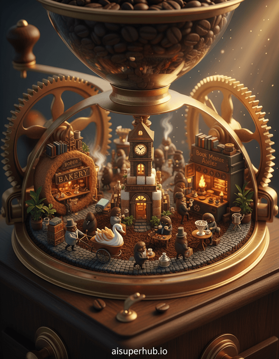 Create a hyper-realistic cinematic still: a whimsical, bustling micro-city within a vintage coffee grinder, showcasing tiny anthropomorphic coffee beans on daily cafe adventures for Cafe hopping. The grinder's chamber becomes a vibrant central plaza. Tiny espresso carts, pulled by latte art swans, navigate avenues. Coffee bean citizens chat; some rush with filter briefcases, others sip thimble-sized cups. Details to include: A 'Clock Tower Cafe' from sugar cubes/stirring spoon; a 'Book Nook Bakery' in biscotti with coffee ground books; a 'Roast Master's Atelier' where a bean roasts smaller beans over a matchstick flame. Scene encased within polished brass gears of an antique coffee grinder. Warm sunlight filters through hopper's grinds, casting dappled shadows. Dark wood base contrasts with lively, illuminated micro-world. Steam wisps add depth. Inviting golden hour lighting, soft, directional rays highlight intricate details, creating a cozy, magical atmosphere. Internal cafe glow suggests warmth, community. Rich browns, warm ochres, creamy whites, charcoal greys, brass, copper, vibrant emerald green plants, ruby red berry accents. A whimsical, enchanting, bustling atmosphere filled with coffee aroma and tiny discoveries. Macro photography, trompe l'oeil, magical realism, steampunk whimsy, highly detailed, photorealistic, intricate, miniature diorama, dreamlike, epic scale in micro-setting. Overlay text at bottom: 'aisuperhub.io'.