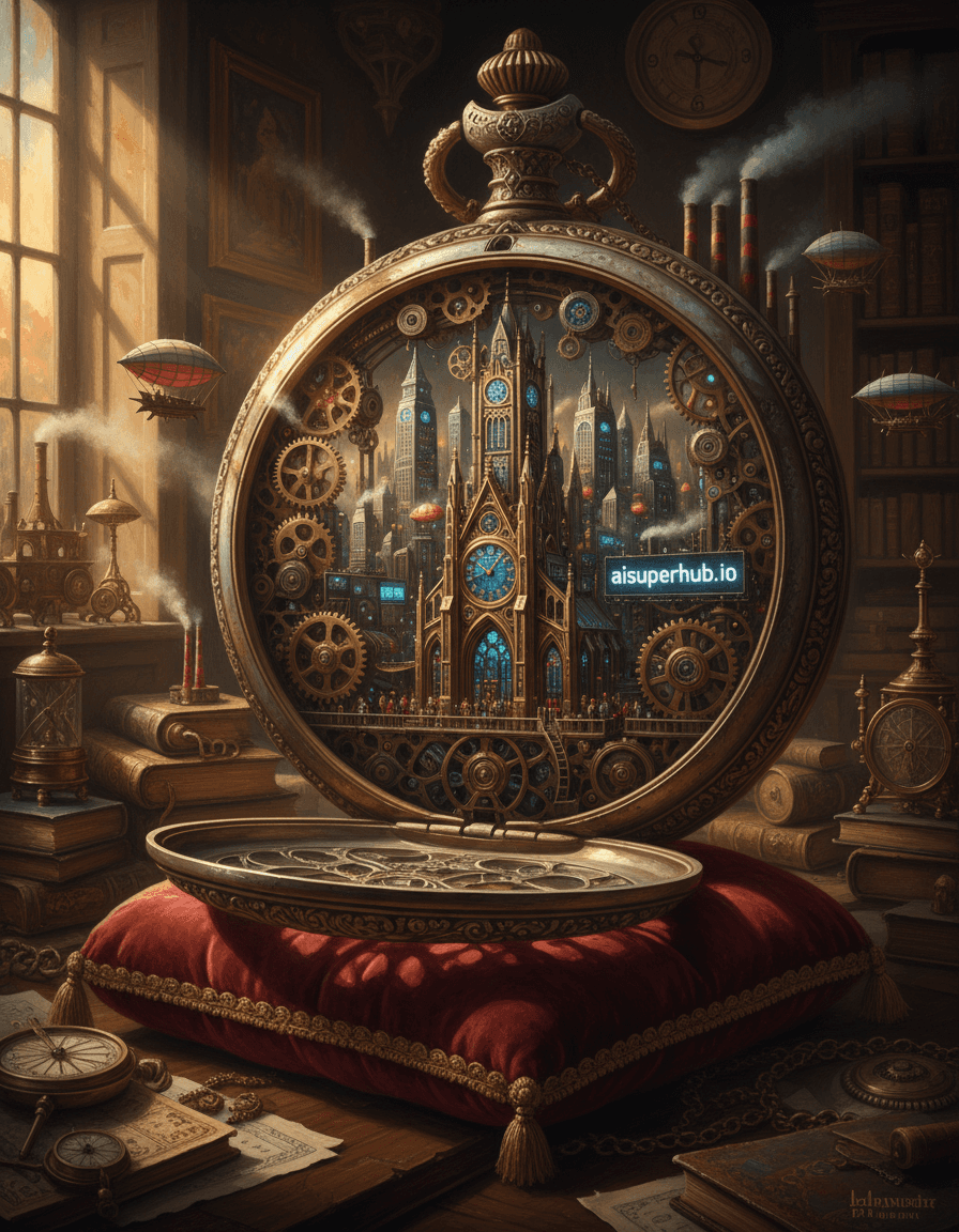 Create a hyper-realistic oil painting depicting a colossal, ancient pocket watch containing a bustling, living steampunk cityscape for the Vintage edits. The intricate gears and brass springs of a gargantuan, open pocket watch house a vibrant, self-contained steampunk metropolis. Illuminated skyscrapers rise between turning cogs; miniature airships navigate vast internal spaces, their lights twinkling. Details to include: Microscopic figures on watch hand-bridges. Steam from factory smokestacks in gear teeth. A grand clockwork cathedral dominates. A prominent digital billboard glows: 'aisuperhub.io'. The immense pocket watch rests on a plush, crimson velvet cushion. Its polished gold and silver casing, with intricate filigree, shows centuries of patina. It sits on a dark mahogany desk, surrounded by ancient tomes and instruments, hinting at a reclusive inventor's study. Dramatic, warm golden hour lighting streams, casting soft shadows. It emphasizes metallic sheen and the glowing city, evoking profound discovery and quiet wonder. Rich palette: burnished gold, antique brass, deep sepia, aged silver. Contrasted by vibrant jewel-like blues, emeralds, and fiery oranges from miniature city lights. Mood/atmosphere: A captivating, fantastical, and deeply nostalgic mood, inviting contemplation of hidden beauty. Surreal steampunk masterpiece, extreme macro photography, trompe l'oeil, highly detailed, photorealistic render, intricate machinery, fantasy realism, volumetric lighting, epic scale, deep focus.