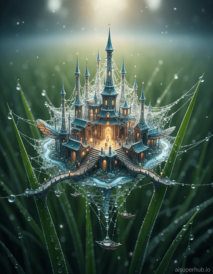Create a hyper-realistic macro photograph depicting a sprawling, ancient city intricately carved into the delicate architecture of a single dew-kissed spiderweb for the Macro art. The viewer is presented with an impossible, microscopic vista: a forgotten civilization, complete with towering spires, bustling marketplaces, and winding rivers, all formed from the silk strands of a meticulously spun spiderweb. Tiny, translucent inhabitants made of solidified water droplets navigate the city, giving a sense of scale to this ethereal metropolis. Details to include: Miniature, glowing lanterns made from trapped dust motes illuminating the web-streets. Intricate bridges spun between larger silk strands, connecting different districts. Tiny, shimmering water droplet boats sailing on "rivers" formed by thicker dew lines. A grand central plaza where numerous web-strands converge, suggesting a public gathering space. Microscopic, iridescent beetle-wing fragments used as roofing for some structures. The spiderweb city is suspended precariously between two blades of emerald-green grass, slightly out of focus in the background. Beyond the grass, a vast, blurry expanse of morning light suggests a garden at dawn, emphasizing the minuscule nature of the subject. A few stray, glistening dewdrops cling to the surrounding foliage, mirroring the architecture within the web. Soft, ethereal morning light filters through, creating a luminous, almost spiritual glow. The light catches the dew-kissed strands, making them sparkle like diamonds, with subtle refractions creating tiny rainbows. The overall intent is to evoke wonder, fragility, and a sense of magical discovery. Predominantly cool tones of misty blues, silver-whites, and translucent aquamarines from the dew, contrasted with hints of emerald green from the grass and warm golden glows from the 'lanterns'. Iridescent flashes from the web itself and beetle-wing roofs. A breathtakingly serene and enchanting mood of forgotten grandeur and delicate beauty. Photorealistic macro photography, high-resolution, intricate detail, trompe l'oeil, fantasy art, digital painting, cinematic rendering, ultra-detailed, depth of field, 'aisuperhub.io'