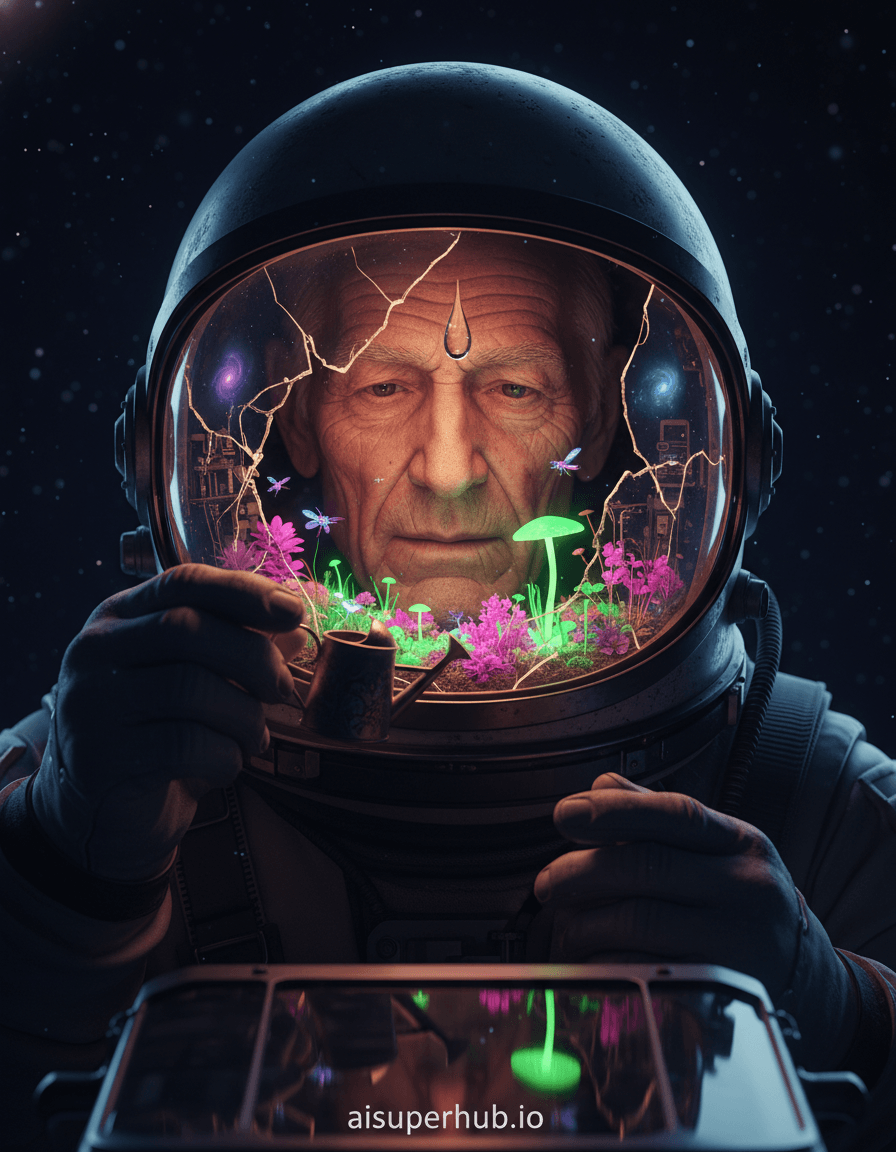 Create a hyper-realistic cinematic still depicting a wise old astronaut tending to a miniature garden thriving inside a cracked moon helmet for the Editorial style portraits. An elderly astronaut, his face etched with cosmic wisdom and gentle lines, carefully waters a tiny, vibrant ecosystem encapsulated within the shattered visor of his vintage moon helmet. His gloved hands delicately hold a microscopic watering can, nurturing the glowing bioluminescent flora and miniature alien fauna thriving in this improbable sanctuary. Details to include: Intricate circuitry visible through the helmet's crack, a single dewdrop clinging to a miniature glowing mushroom, faint reflections of distant nebulae in the helmet's remaining glass, tiny alien insects flitting between glowing plants, the astronaut's weathered and thoughtful expression. The scene is set against the dramatic, inky blackness of deep space, subtly illuminated by the distant, swirling colors of a nebula. Below the astronaut, a stylized, reflective console from a derelict spacecraft suggests a long, solitary journey, yet the focus remains entirely on the intimate, contained world within the helmet. A faint, almost imperceptible shimmer of stardust drifts through the void. Soft, ethereal bioluminescent glow emanates from the garden within the helmet, casting a warm, gentle light upwards onto the astronaut's face, conveying hope and an almost spiritual tranquility. This contrasts with the sharp, cold, distant starlight in the background, emphasizing isolation yet also self-sufficiency. A palette dominated by deep space blues and purples, contrasting with vibrant, neon greens and pinks from the alien flora, accented by the dull metallic sheen of the helmet and subtle golden hues from the console. A mood of profound serenity, resilient hope, and quiet contemplation amidst the vast, indifferent cosmos. Photo-realistic, cinematic, surreal, editorial, macro photography, narrative depth, detailed, chiaroscuro, sci-fi art, high resolution, overlay text 'aisuperhub.io' at the bottom.