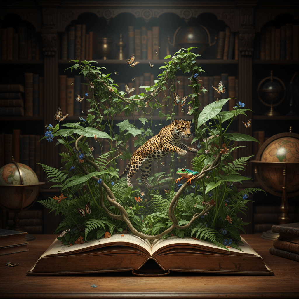 A breathtaking Photorealistic, cinematic super close-up shot, rendered in the mesmerizing 'storybook emergencel' style, presents an ancient, deeply textured leather-bound novel, its cover embossed with faded gold, splayed open flat on its spine. From the very pages of this tome, an entire, bustling jungle ecosystem dramatically explodes upwards, captured mid-transformation. This vibrant jungle is alive with dynamic elements: cascading vines, enormous, dew-kissed leaves, and the iridescent wings of exotic butterflies fluttering just above the book. Glimpses of a majestic jaguar or a vibrant tree frog are caught in mid-leap or mid-climb among the lush flora. Mysterious, chiaroscuro lighting casts focused spotlights on the erupting jungle, creating dramatic contrasts and highlighting every leaf and creature, suggesting a secret, magical event unfolding. An exquisitely detailed background features dark, ornate wooden bookshelves, filled with an eclectic collection of antique books, globes, and scientific instruments, receding elegantly into the bokeh. This is a hyper-realistic, 8K, cinematic depth of field, award-winning photograph, hyperdetailed and evocative.