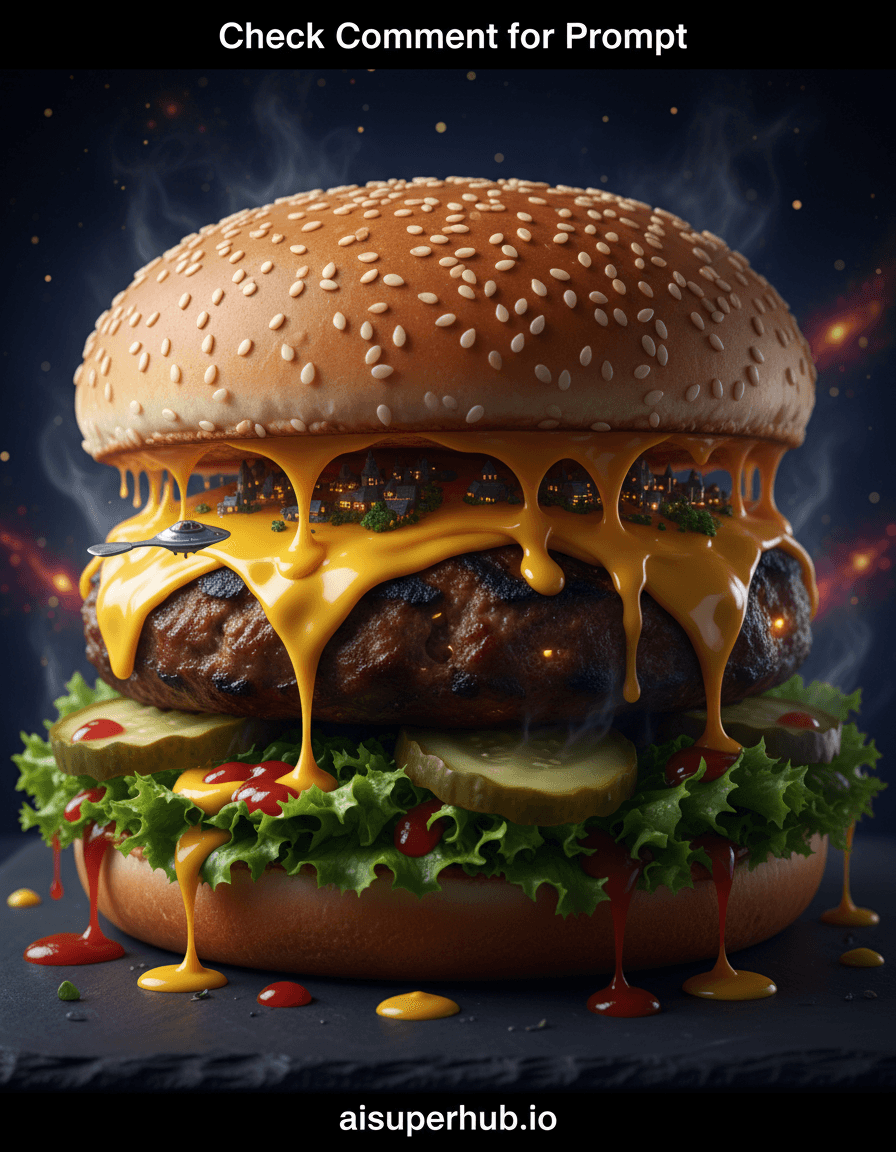 Create a hyper-realistic photograph depicting an epic hamburger as a vast, alien landscape for the Food photography. Additionally, superimpose the text 'Check Comment for Prompt' at the top of the image and 'aisuperhub.io' at the bottom of the image. A colossal sesame seed bun cradles a dramatic vista. The grilled patty forms a volcanic mountain range with steaming crags, while rivers of melted cheddar cheese cascade down its slopes, forming golden rapids. Crisp green lettuce leaves become sprawling, dense forests at the base, adorned with tiny moisture droplets. Details to include: Illuminated villages in patty-mountain crevices; glistening ketchup and mustard lakes in lettuce forests; microscopic sesame seeds on the bun as distant, twinkling stars; a tiny, shimmering spatula-shaped spaceship hovering above cheesy glaciers; a pickle cross-section as a giant, translucent, glowing crystal. The landscape rests against a velvety, deep indigo cosmic backdrop, with nebulous red and yellow light streaks hinting at a distant galaxy. A smooth, dark slate surface beneath contrasts with the vibrant, organic forms. Dramatic, low-key lighting from above and left mimics an alien setting sun, casting intricate shadows that emphasize topography. The warm, inviting glow evokes wonder and awe, making the food appear monumental and delectable. Color palette: Rich earth tones (browns, greens), vibrant yellows, reds, contrasting with cosmic blues and purples. Accents of white and shimmering gold. Mood/atmosphere: Awe-inspiring, fantastical, and mouthwateringly surreal. Style summary: Macro photography, photorealistic, surrealism, cinematic, epic scale, high detail, volumetric lighting, gastronomic art.
