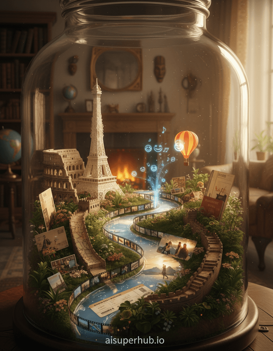 Create a hyper-realistic landscape depicting a surreal manifestation of cherished travel memories. A winding river, composed of shimmering photographic film strips and translucent passport pages, flows through a miniature world. Along its banks, iconic landmarks from various global destinations—like a miniature Eiffel Tower sculpted from delicate lace and the Colosseum formed from aged, sepia-toned postcards—appear intricately woven with vibrant, fresh flora. This river of memories converges into a serene lake, reflecting fragmented, joyful moments and forgotten smiles. Details to include: A tiny, glowing hot air balloon ascending from a cluster of souvenir trinkets; a section of the Great Wall rendered as a cascading ribbon of antique maps; faint, holographic projections of laughter and distant music emanating from the film river; and a single, dew-kissed boarding pass acting as a stepping stone towards a shimmering horizon. The entire scene is encased within a colossal, antique glass memory jar, its curved surface gently distorting the edges of the miniature landscape. Beyond the jar, a softly blurred room suggests a cozy, nostalgic study, filled with leather-bound books, global artifacts, and a flickering fireplace, hinting at the owner's extensive travels and collected experiences. Dust motes dance in the ambient light, adding to the timeless, ethereal feel of the encapsulated world. Soft, golden hour lighting streams from an unseen window, casting long, warm shadows and highlighting the intricate textures of the postcard landmarks. The light catches the iridescent film river, creating a gentle, internal glow that evokes warmth, reflection, and wistful nostalgia. The color palette is rich with sepia tones, muted earth browns, warm ochres, and antique gold, punctuated by vibrant accents of emerald green in the flora and soft blues from the reflective surfaces, creating a harmonious balance between aged sentiment and living memory. A serene, nostalgic, and deeply personal atmosphere, inviting contemplation and wonder. Hyper-realistic miniature photography, mixed media art, magical realism, diorama aesthetic, dreamcore. Overlay text at the bottom: 'aisuperhub.io'