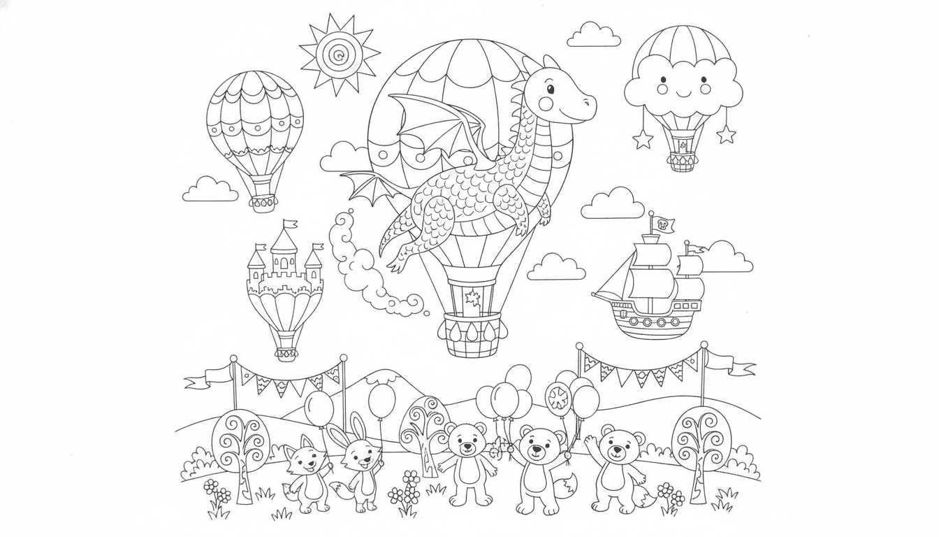 printable coloring book page, print-ready high resolution 300 dpi line art, pure white background, crisp black outlines, no shading, simple bold lines, easy coloring, for kids, subject: a random, fun theme for a coloring book page