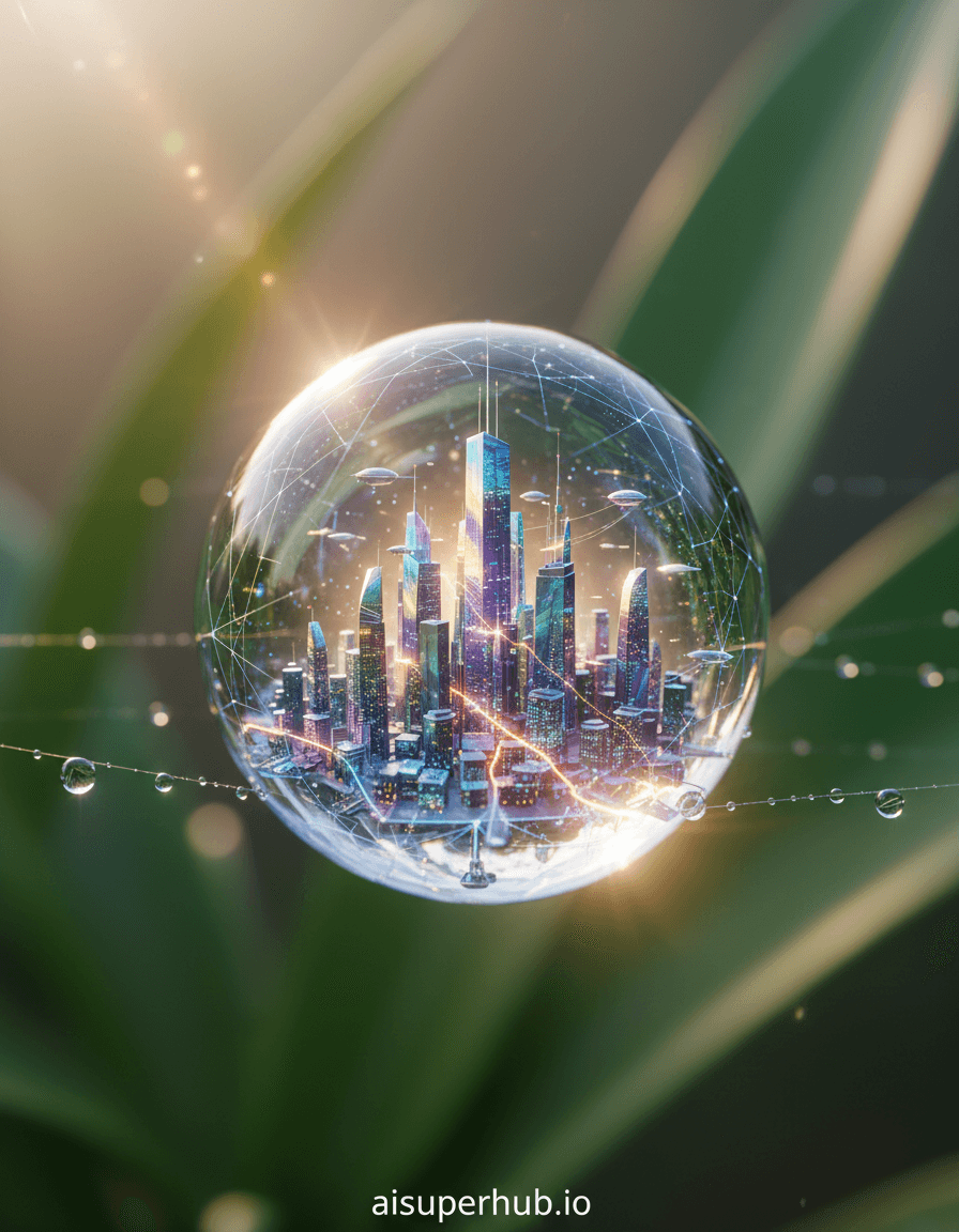 Create a hyper-realistic macro photograph depicting a bustling futuristic city miniaturized within a single dewdrop for the Micro art. A microscopic metropolis teems with impossible life, its intricate structures shimmering inside the dewdrop. Luminescent pathways weave between crystalline buildings, reflecting light and hinting at atomic-scale activity. Details to include: Skyscraper-like structures of solidified light; pollen-sized airships on transparent sky-bridges; intricate architectural details; a faint, vibrant energy grid; and a crystalline texture on the dewdrop's surface. The dewdrop rests on a gossamer spider's web strand, stretched between blurred emerald leaves. Invisible silk threads catch ambient light, framing the spherical city. Out-of-focus foliage creates bokeh, emphasizing the minuscule world in a fantastical natural setting. Ethereal, highly refractive early morning sunlight passes through the dewdrop, creating dazzling prisms and concentrated beams illuminating the city with wonder and discovery. A soft, golden glow suggests warmth. Iridescent blues, greens, purples for city structures, contrasted with warm golden and amber hues from refracted sunlight, plus deep greens of blurred leaves. Hints of silver and white. Breathtaking sense of delicate wonder and impossible scale. Hyper-realistic macro photography, intricate detail, refractive light, surreal fantasy, impossible perspective, dreamlike, cinematic, ultra HD. Overlay text 'aisuperhub.io' at the bottom.