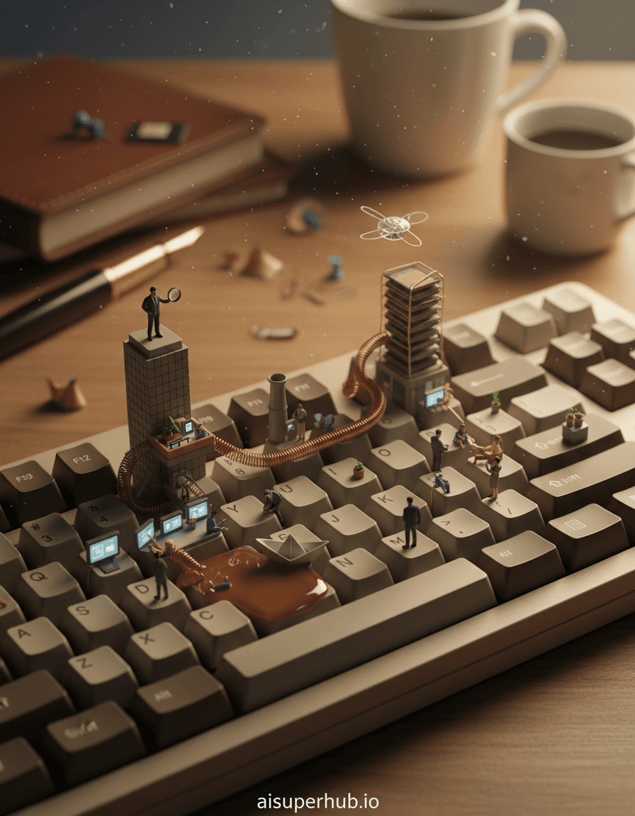 Create a hyper-realistic macro photograph depicting a miniature office ecosystem thriving on the keys of a vintage mechanical keyboard for the Work life shots. Each keycap is a distinct building or workspace, connected by intricate pathways made from coiled wires and paperclips. Tiny, ant-sized figures, dressed in business attire, are seen moving between these 'buildings,' engaging in various office tasks like typing on minuscule screens or having meetings around a thumbtack 'conference table'. Details to include: A coffee spill forming a 'lake' with a tiny boat (made from a paper boat) crossing it. A 'data center' made from a stack of micro-SD cards. A tiny 'CEO' figure overlooking the cityscape from the 'Escape' key building. Miniature potted plants made from pencil shavings and tiny beads. A tiny 'delivery drone' (made from a small piece of plastic and thread) hovering above. The background is a softly blurred, warm-toned desk surface, hinting at the larger scale of a typical workspace. Scattered stationery like a fountain pen, a half-empty coffee mug, and a stack of notebooks are visible, providing context and emphasizing the miniature world on the keyboard. Dust particles float in the air, appearing like large clouds in this tiny world. Soft, warm, directional lighting from an unseen desk lamp creates long, dramatic shadows that stretch across the keycap 'streets,' enhancing the sense of depth and the intricate details. The light source imparts a feeling of focused productivity and a cozy, late-afternoon glow, suggesting diligent work continuing into the evening. A muted, desaturated palette of warm grays, olive greens, and burnt oranges for the keyboard and its inhabitants, accented by pops of brighter reds, blues, and yellows from office supplies and tiny figures. A whimsical yet industrious atmosphere, highlighting the beauty and complexity of everyday work in an unexpected, miniature scale. Hyper-realistic macro photography, intricate diorama, surreal miniature world, detailed storytelling, whimsical realism, with a subtle overlay text at the bottom that reads 'aisuperhub.io'.